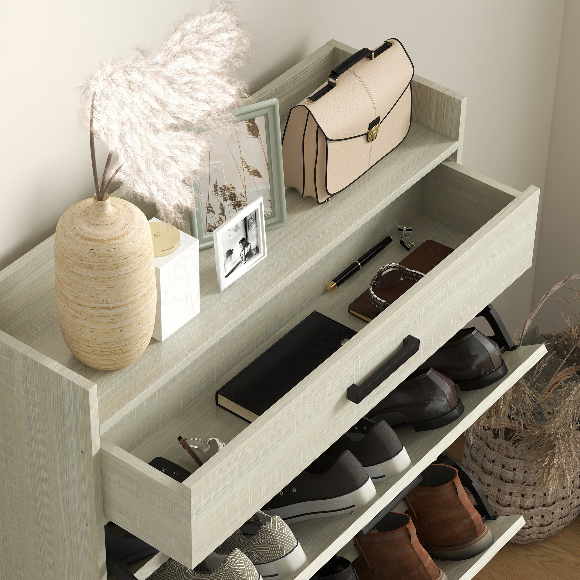 Slim Shoe Storage Cabinet w/ 2 Drawers & Adjustable Shelves for 12 Pairs, Distressed White