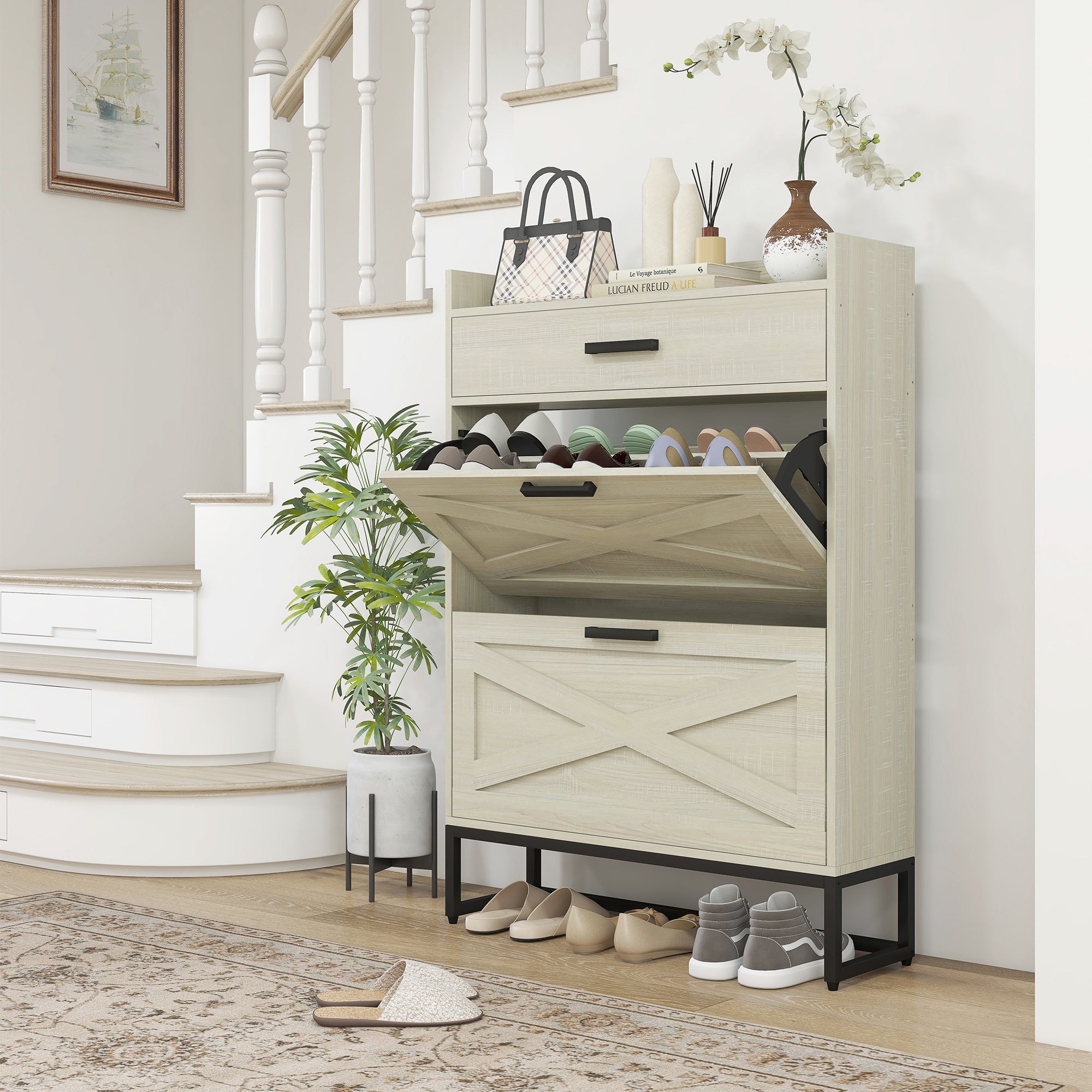 Slim Shoe Storage Cabinet w/ 2 Drawers & Adjustable Shelves for 12 Pairs, Distressed White