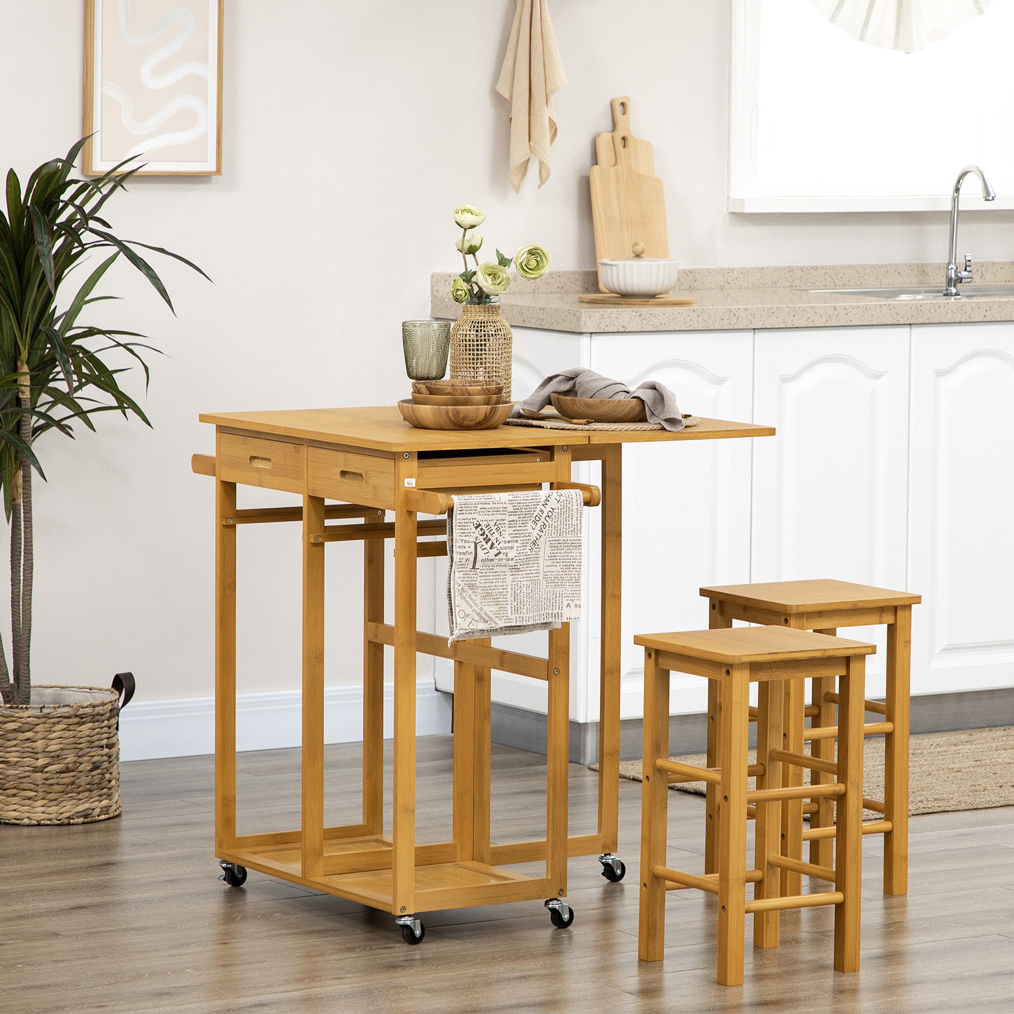 Breakfast Cart Table and Chair Set Kitchen Island with Seating