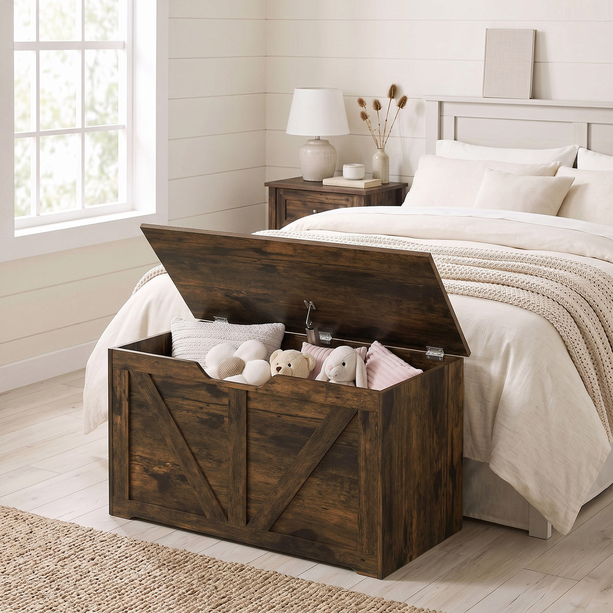 Storage Chest, Storage Bench with Safety Hinge and U-shaped Cut-out Pull for Living Room, Entryway, 31.5" x 15.7" x 17.7", Supports 300 lbs, Rustic Brown