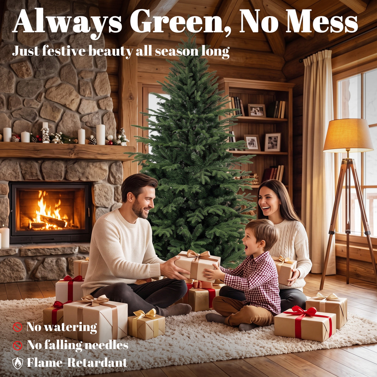 7ft Artificial Christmas Tree, Full Hinged Xmas Tree with 2719 PE & PVC Tips, Solid Pine Wood Stand for Home Office Holiday Decoration, Green