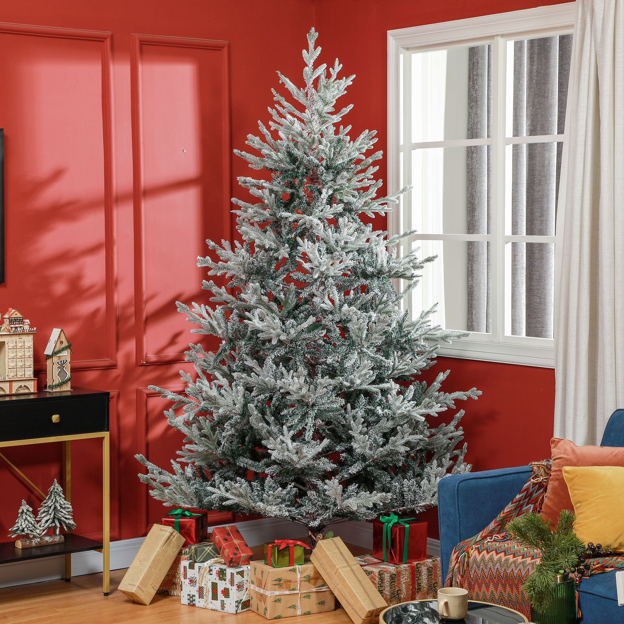 7.5ft Nordic Pine Artificial Christmas Tree with 1218 Snow Flocked Tips, Foldable Metal Stand, Easy Assembly, Hinged Xmas Tree for Home Office Holiday