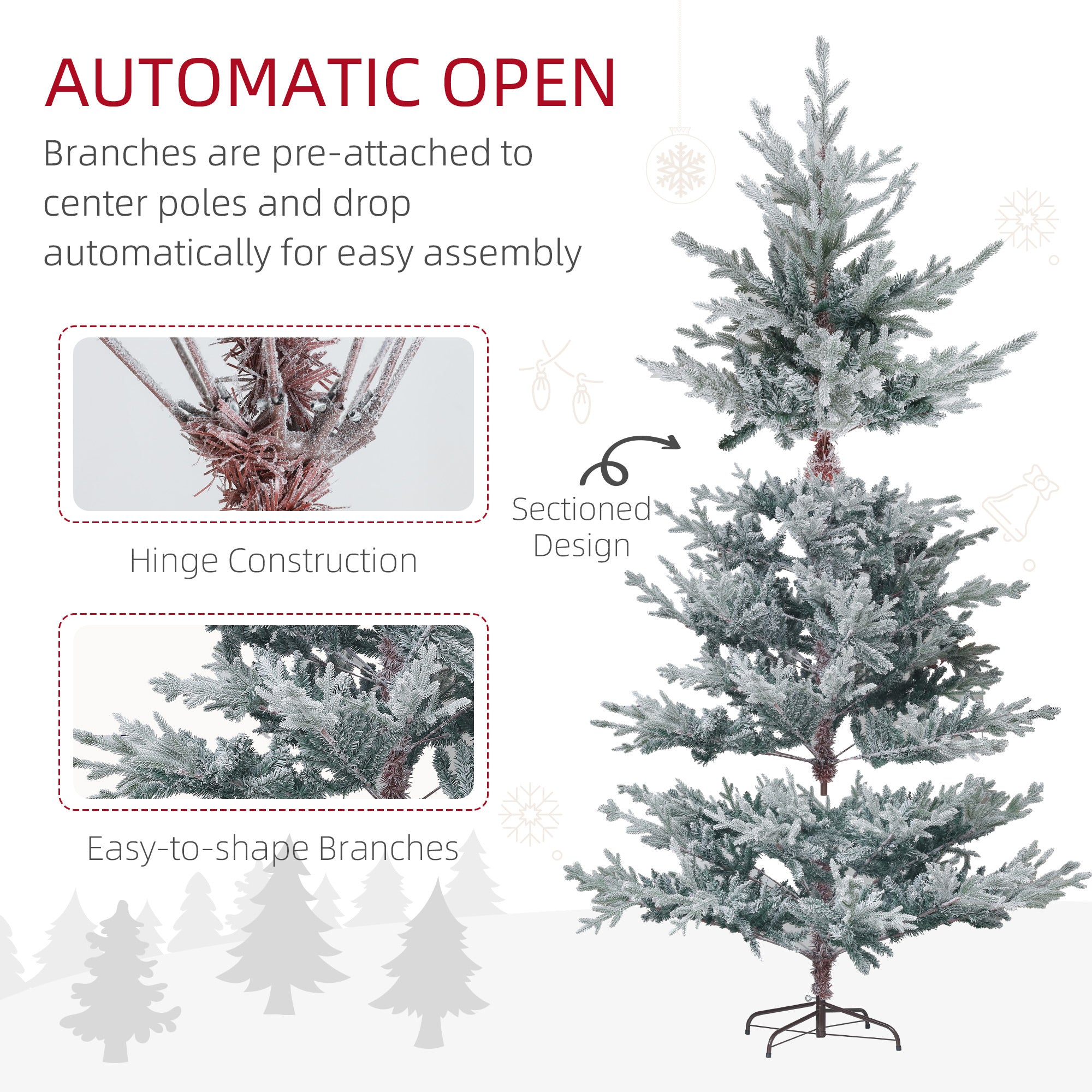 7.5ft Nordic Pine Artificial Christmas Tree with 1218 Snow Flocked Tips, Foldable Metal Stand, Easy Assembly, Hinged Xmas Tree for Home Office Holiday