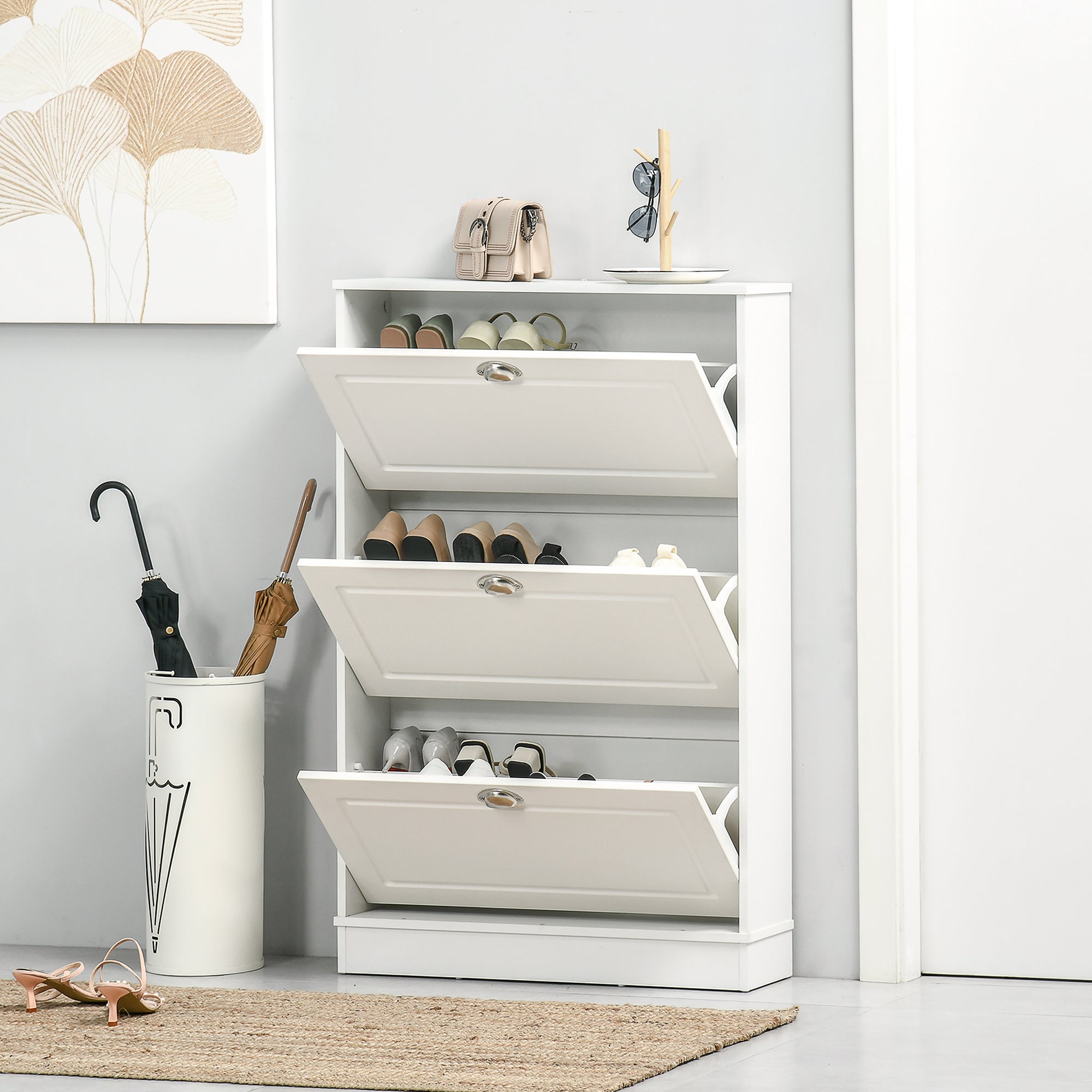 Shoe Cabinet with 3 Flip Drawers, Modern Narrow Shoe Storage Cabinet with Countertop, Entryway Shoe Storage Unit for 12 Pairs of Shoes for Hallway, White