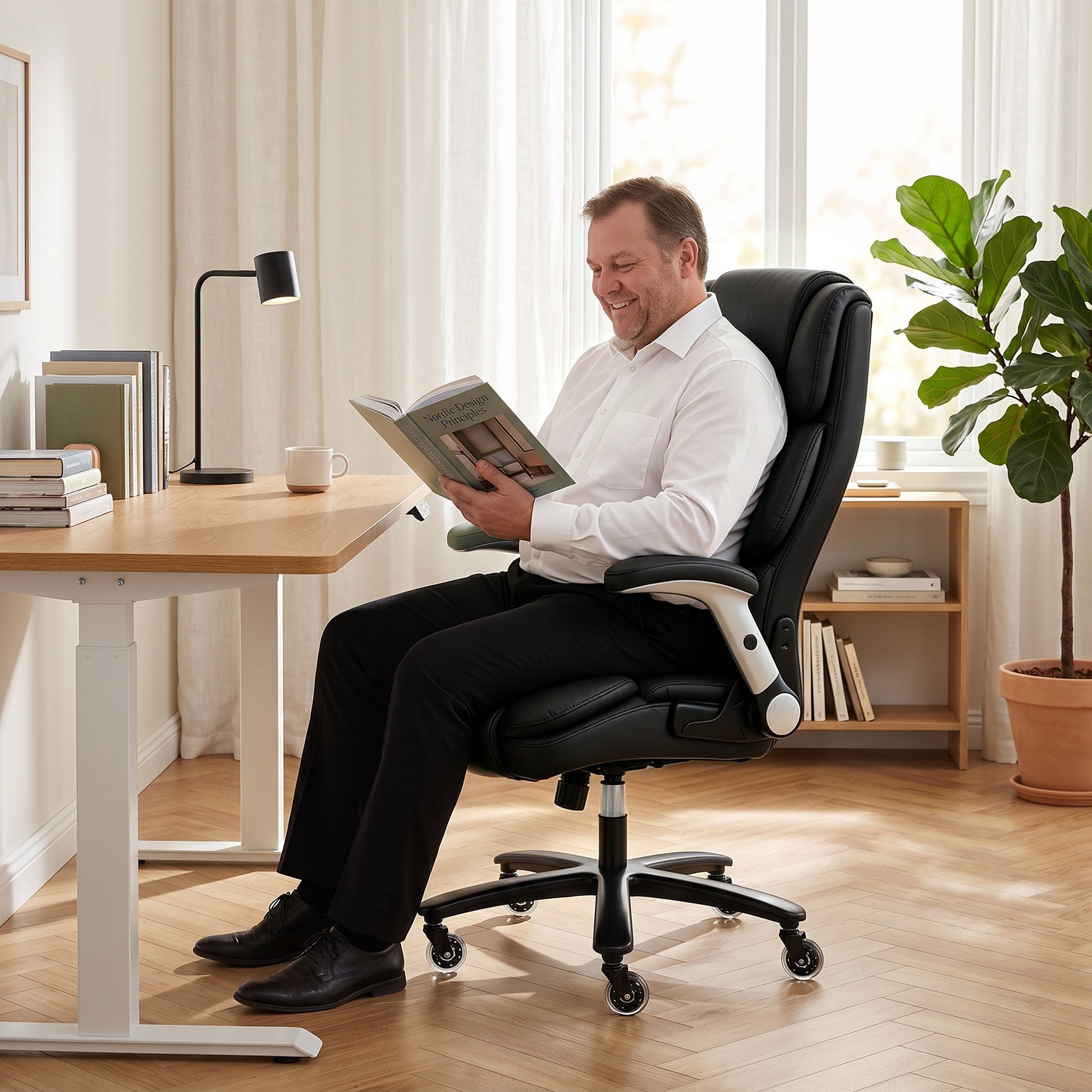 Heavy Duty Office Chair 400LBS with Airbag Lumbar Support, Pet-Friendly Fabric, Big and Tall Desk Chair with Flip-Up Armrests, Pocket Springs, Class 4 Gas Cylinder, Wide Seat, Black