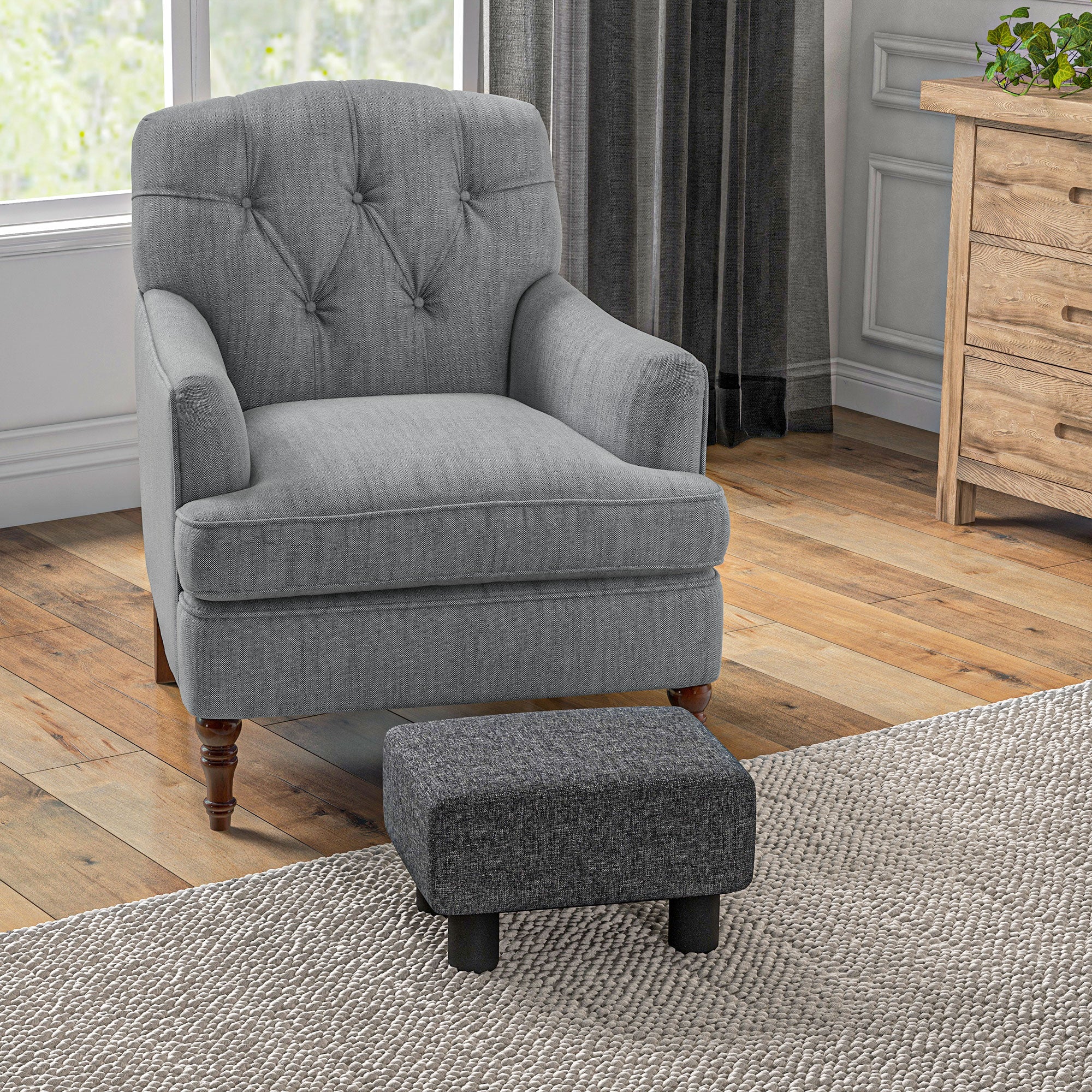 Small Ottoman Foot Rest with Linen Fabric Upholstery & Plastic Legs, Cube, Charcoal Gray