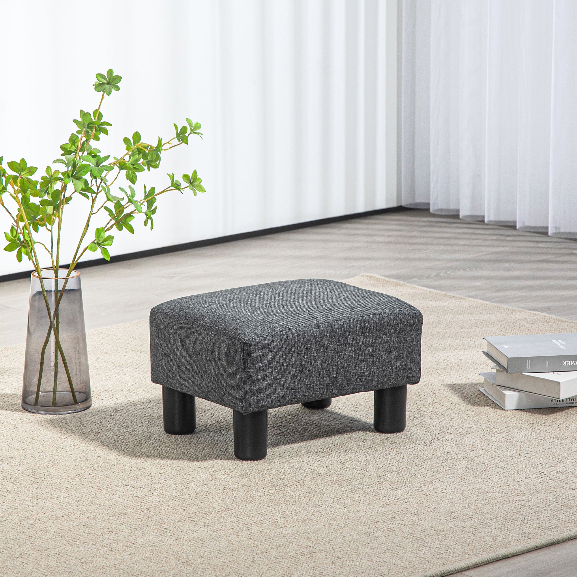 Small Ottoman Foot Rest with Linen Fabric Upholstery & Plastic Legs, Cube, Charcoal Gray