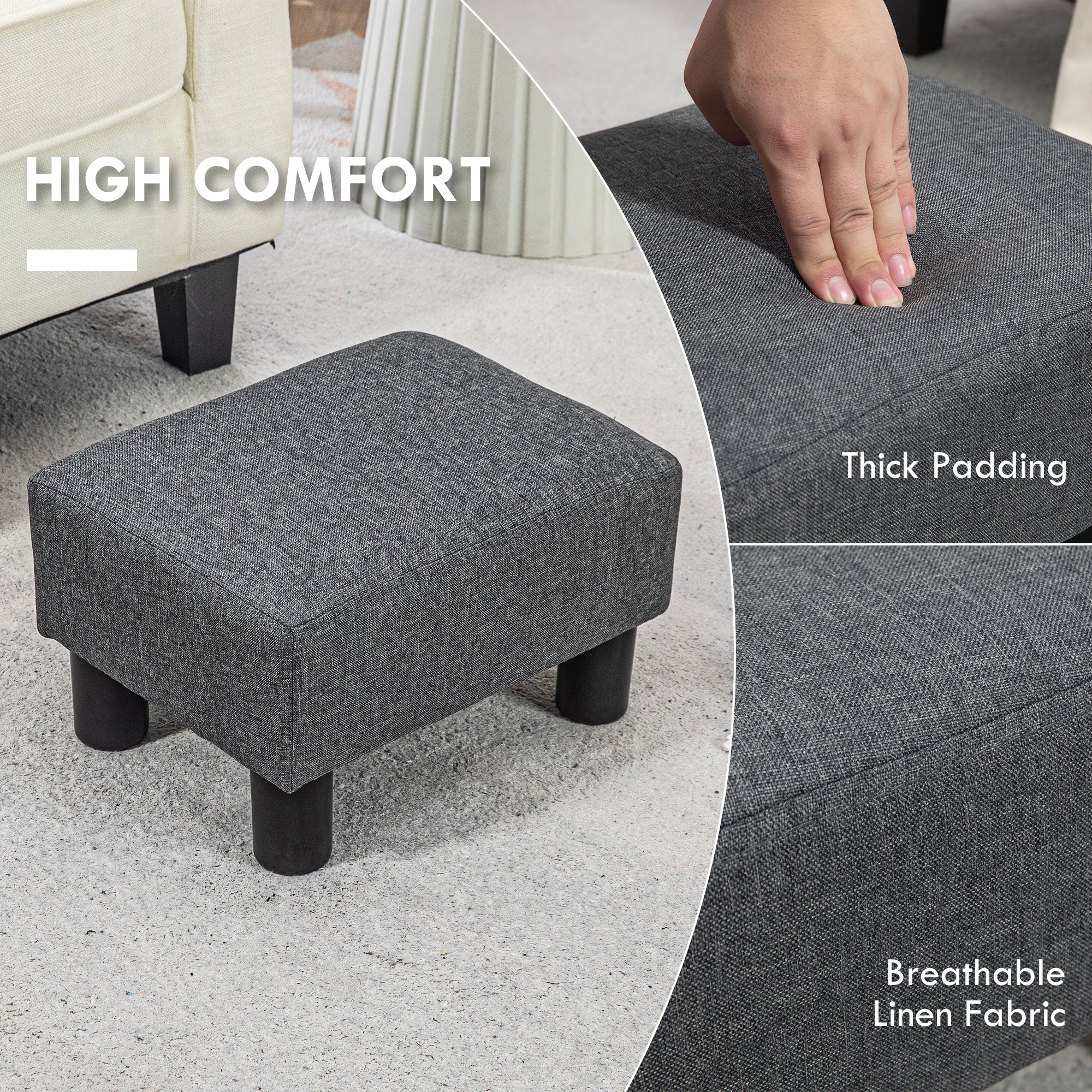 Small Ottoman Foot Rest with Linen Fabric Upholstery & Plastic Legs, Cube, Charcoal Gray