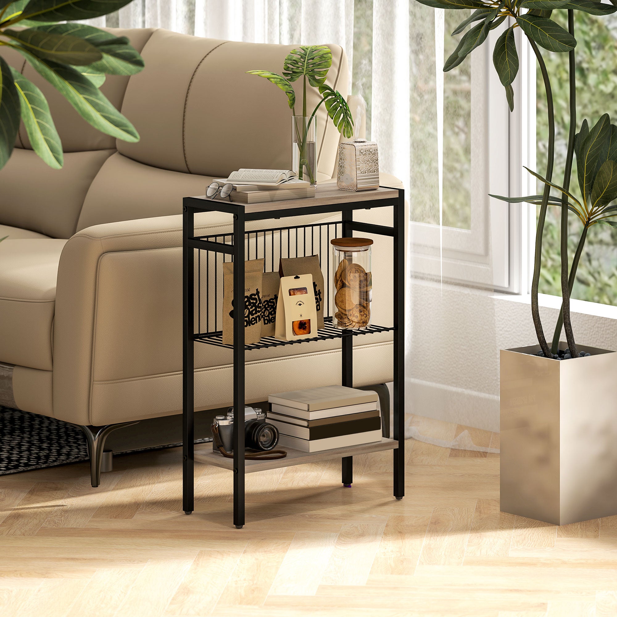 HOMCOM Side Table with 3-Tier Storage, Small Bedside Table, Sofa End Table with Steel Frame for Living Room, Bedroom, Grey