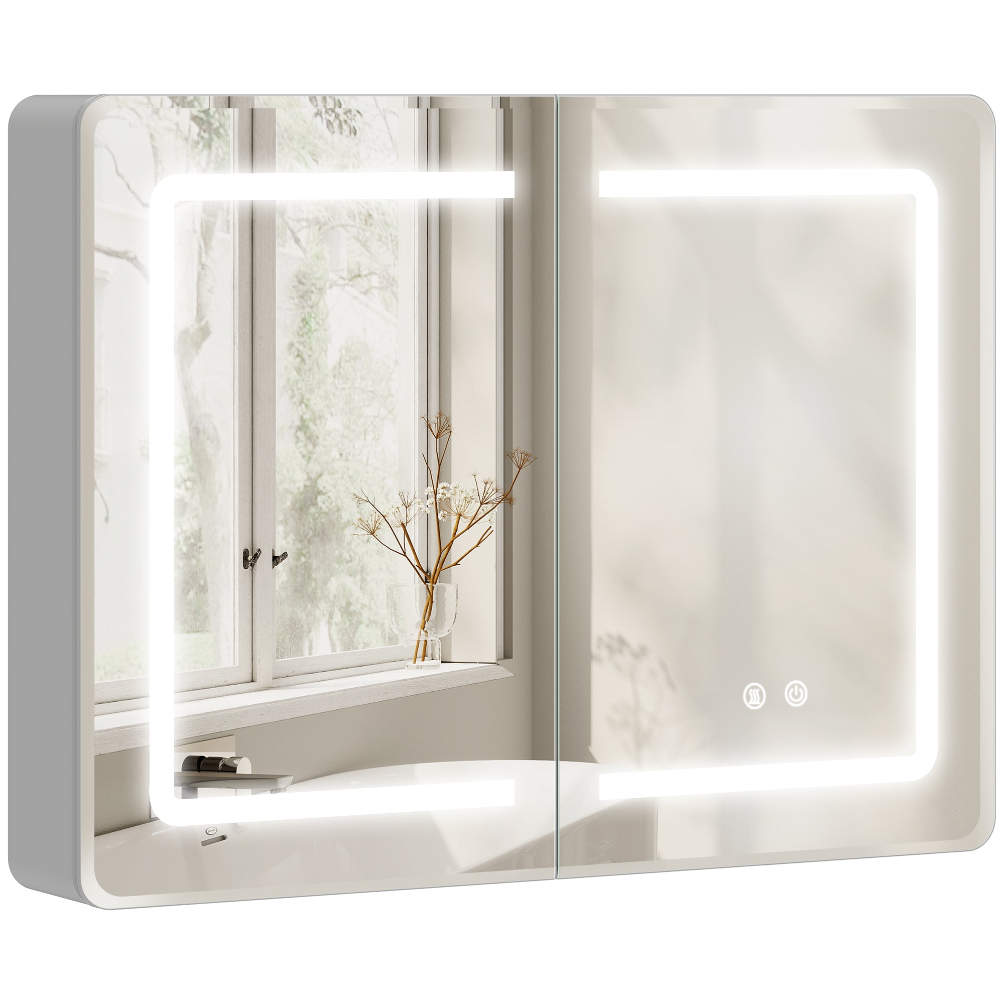 Bathroom Mirror Cabinet with LED Lights and Double-Sided Mirrors, 600 x 800 mm Aluminium Wall Mounted Bathroom Cabinet with Anti-Fog, 3 Colour Dimmable Lighting, Adjustable Shelves