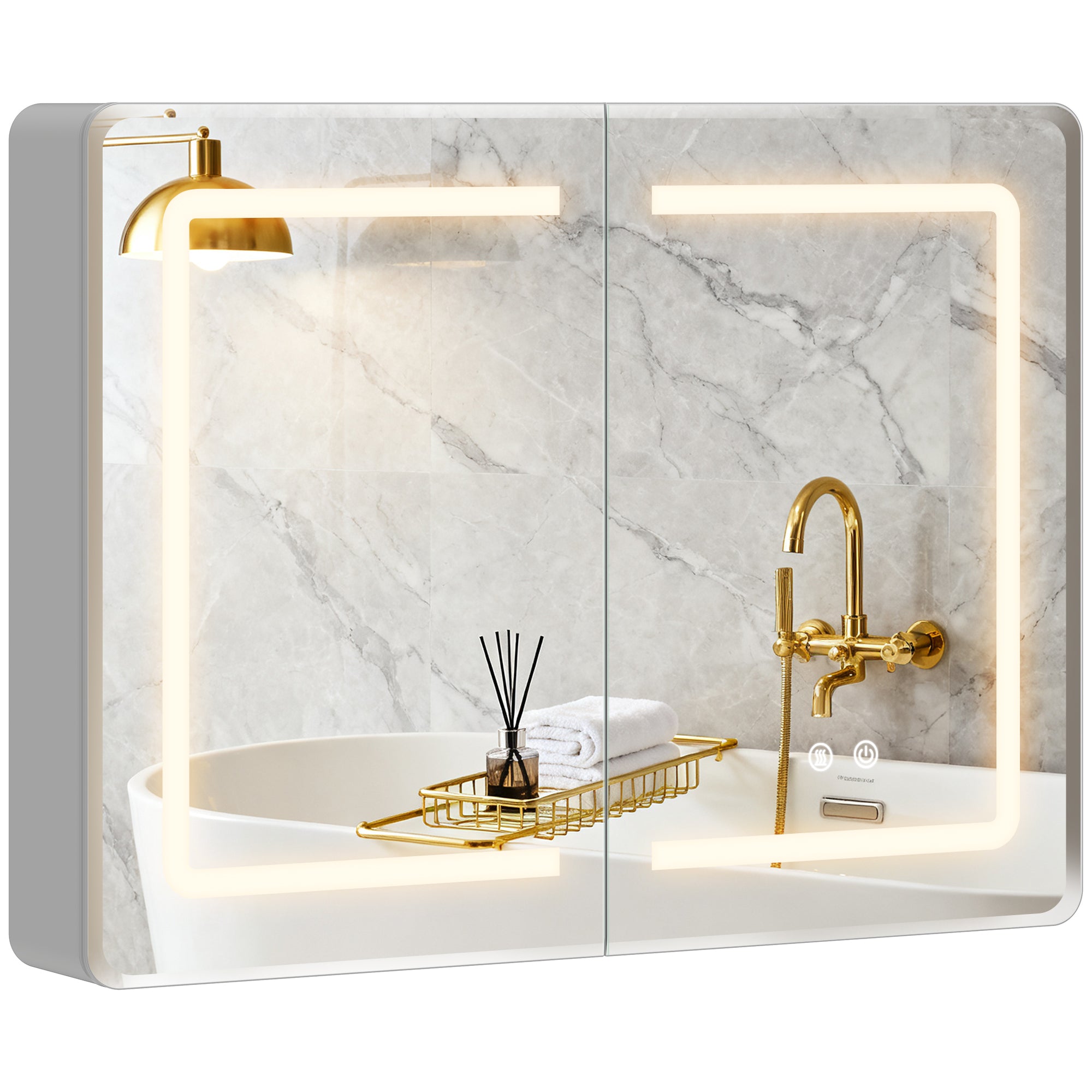 Bathroom Mirror Cabinet with LED Lights and Double-Sided Mirrors, 600 x 800 mm Aluminium Wall Mounted Bathroom Cabinet with Anti-Fog, 3 Colour Dimmable Lighting, Adjustable Shelves