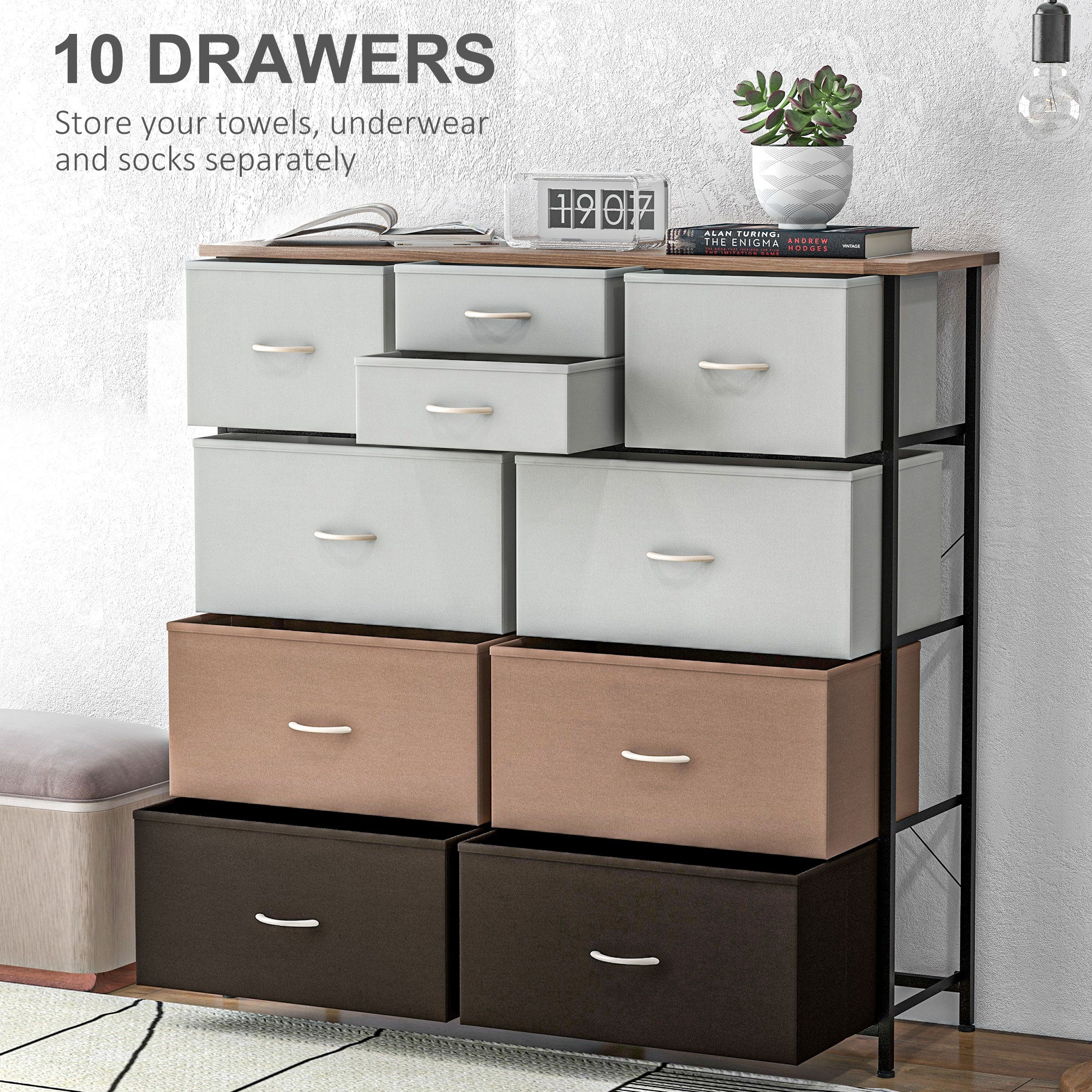 Chest of Drawers for Bedroom, Fabric Dresser, 10 Drawer Storage Organizer Unit with Foldable Drawers and Steel Frame, Multicolour