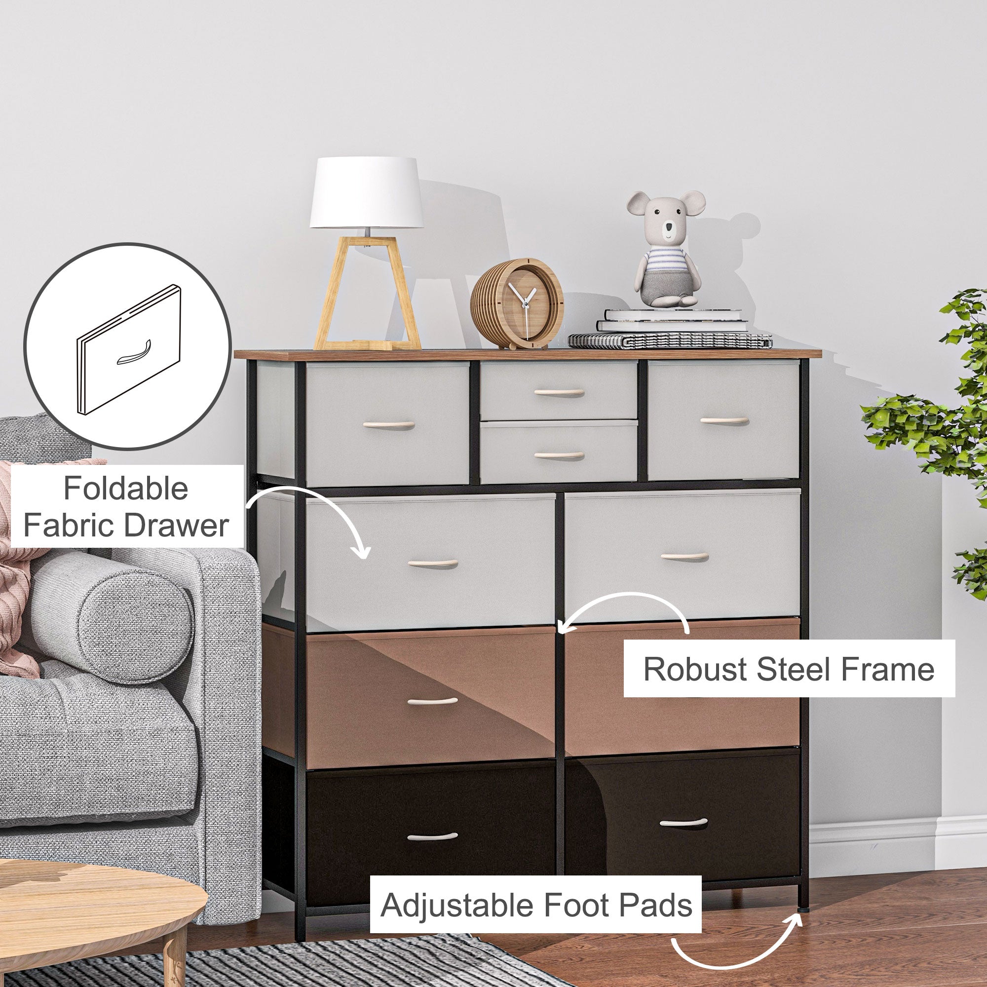 Chest of Drawers for Bedroom, Fabric Dresser, 10 Drawer Storage Organizer Unit with Foldable Drawers and Steel Frame, Multicolour