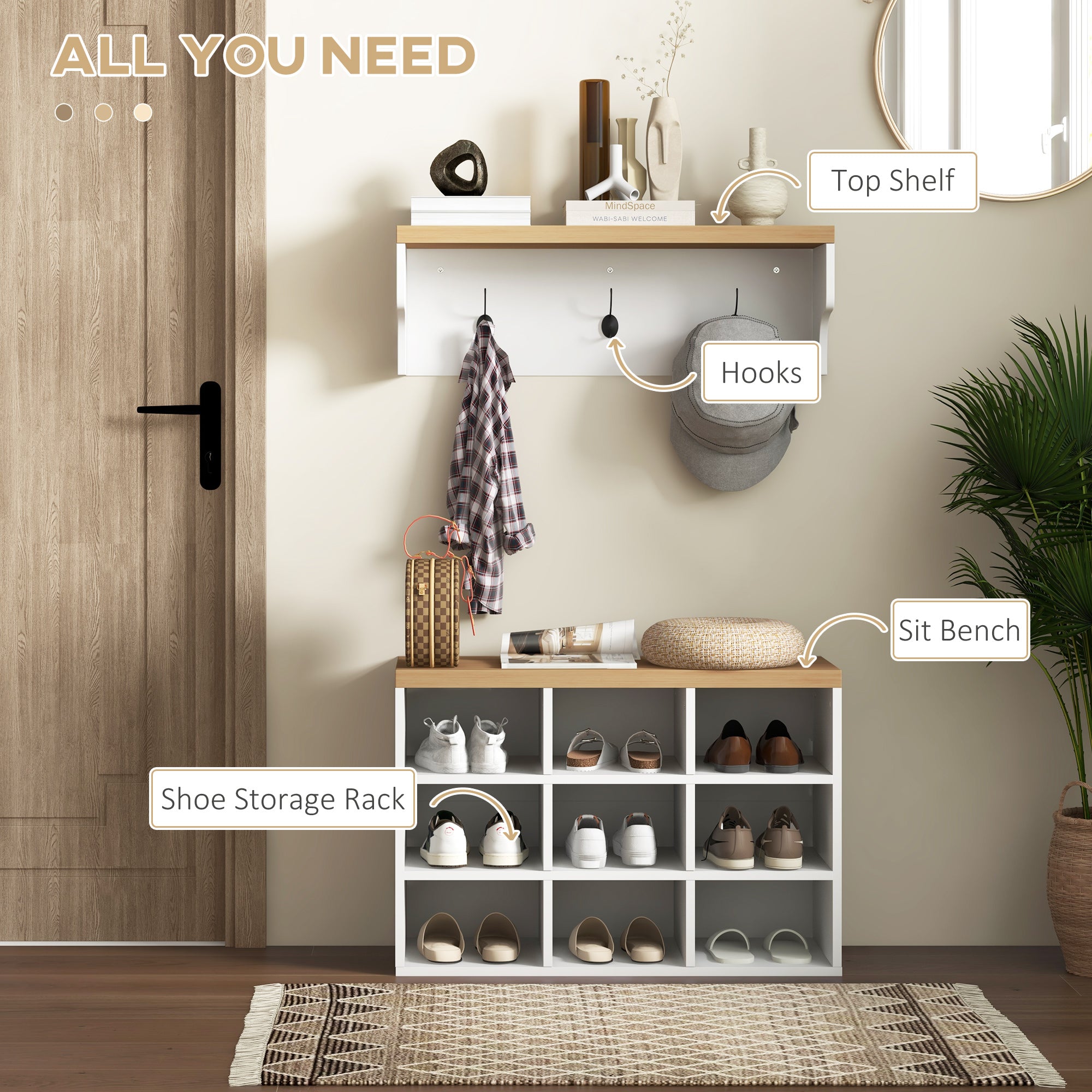 2 in 1 Coat Rack Shoe Bench Set with 5 Hooks and Storage for 9 Pairs White