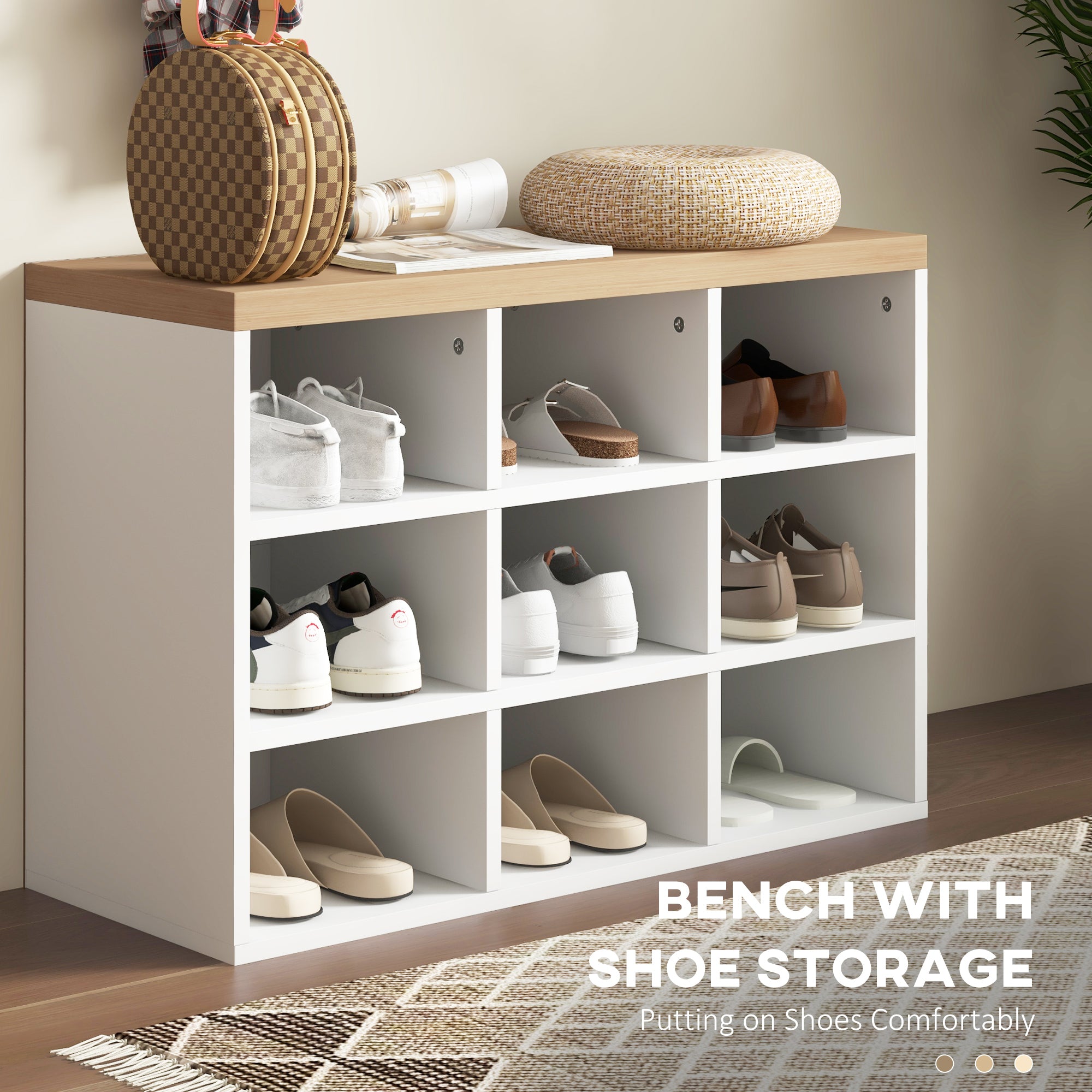 2 in 1 Coat Rack Shoe Bench Set with 5 Hooks and Storage for 9 Pairs White