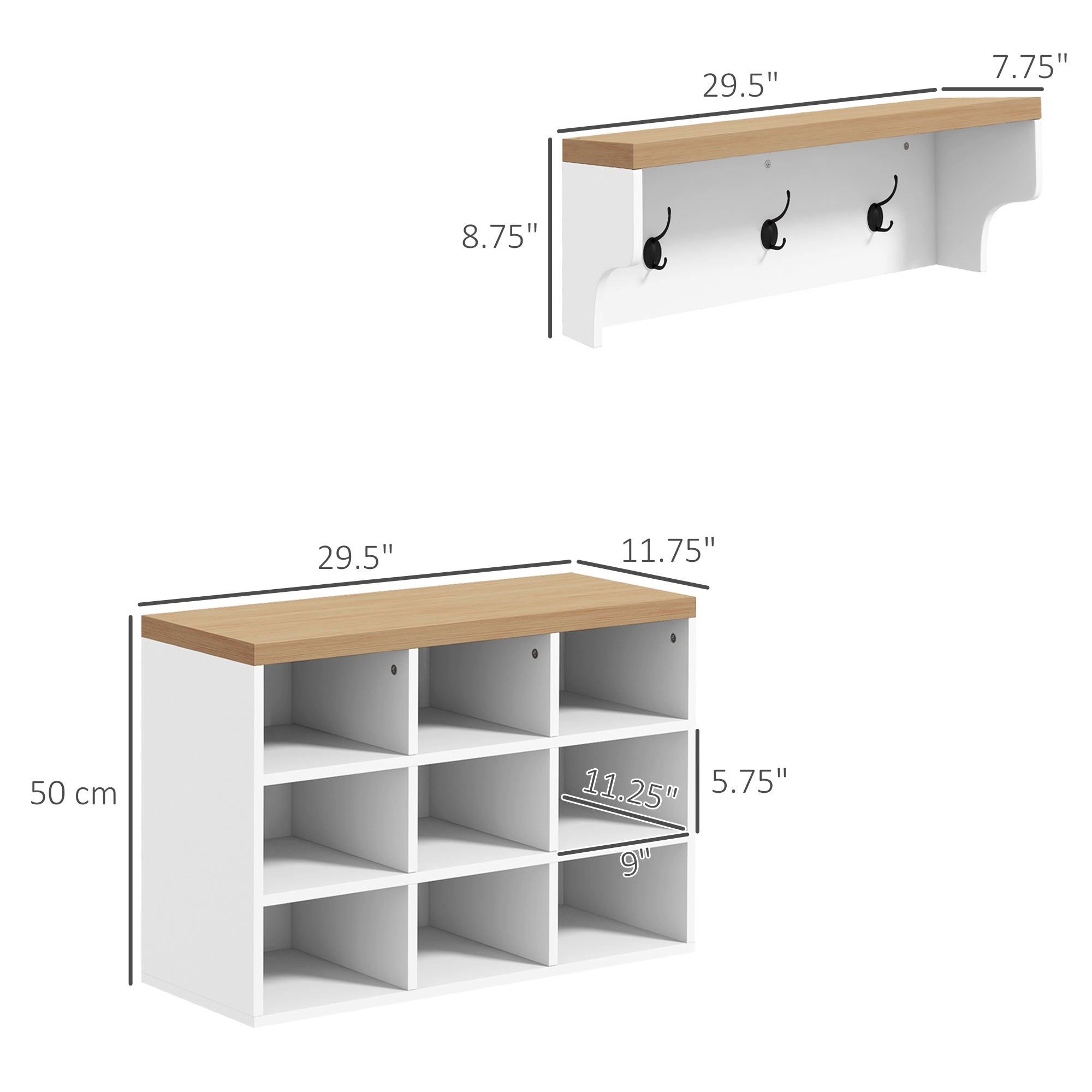 2 in 1 Coat Rack Shoe Bench Set with 5 Hooks and Storage for 9 Pairs White