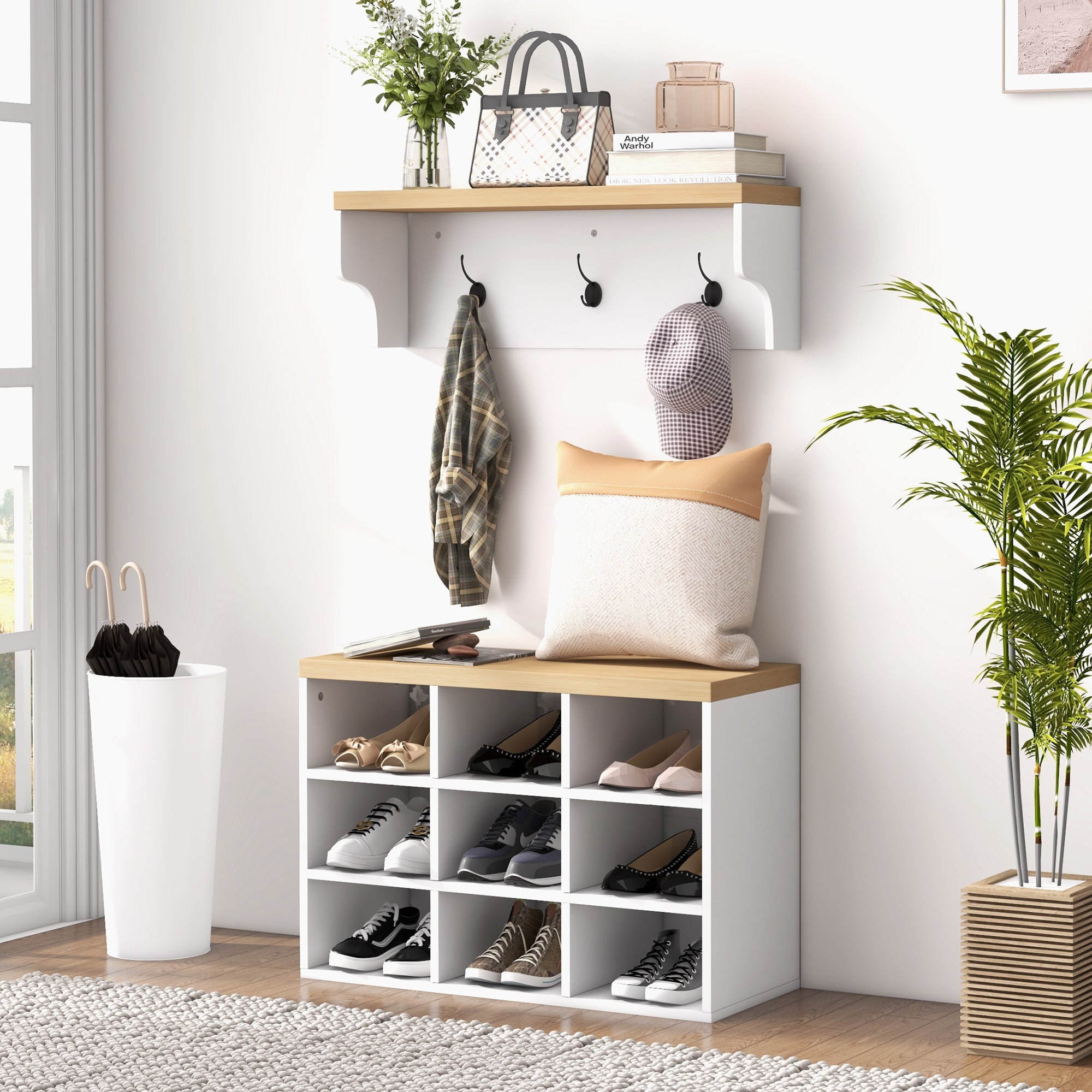 2 in 1 Coat Rack Shoe Bench Set with 5 Hooks and Storage for 9 Pairs White