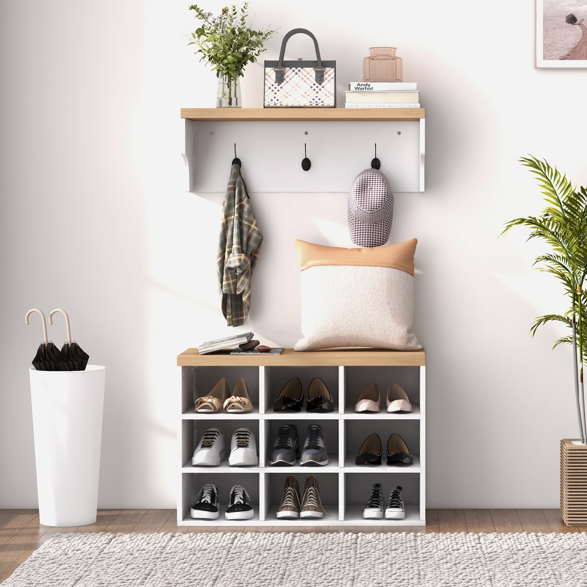 2 in 1 Coat Rack Shoe Bench Set with 5 Hooks and Storage for 9 Pairs White