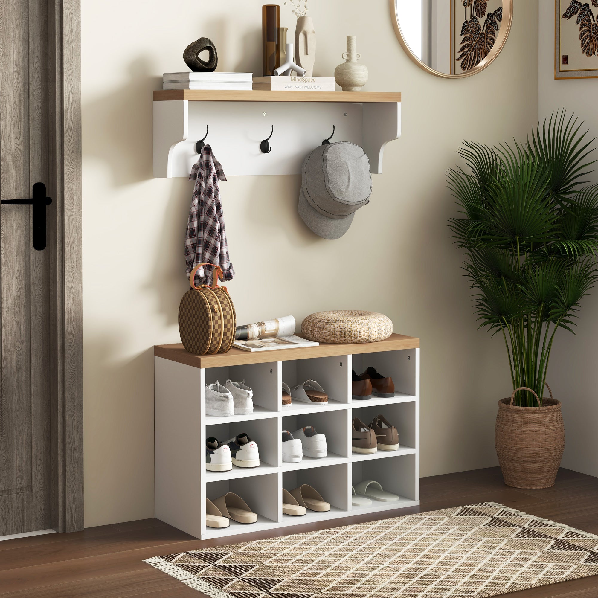 2 in 1 Coat Rack Shoe Bench Set with 5 Hooks and Storage for 9 Pairs White
