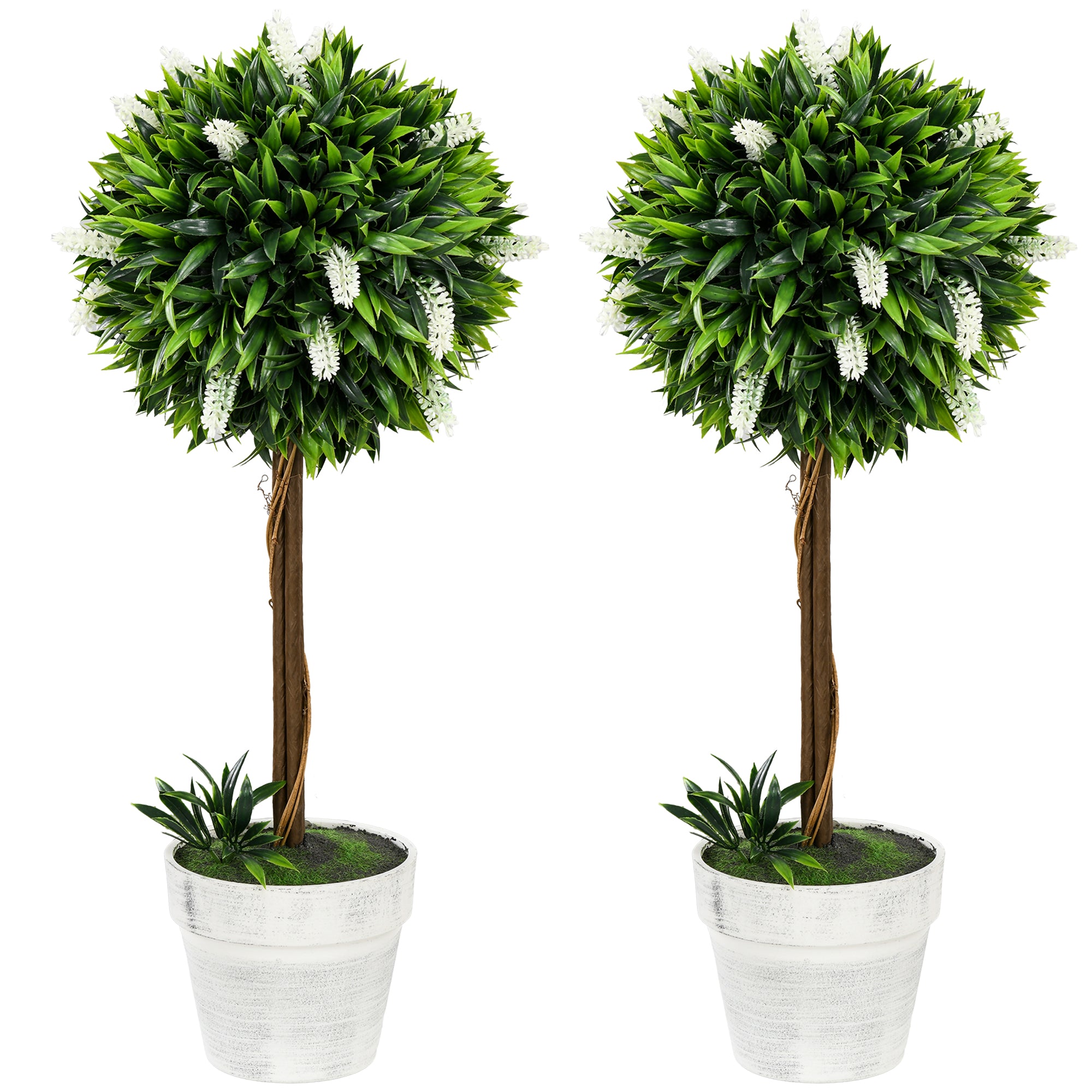 HOMCOM Set of 2 Decorative Artificial Plants Ball Trees with Lavender Flowers in Pot Fake Plants for Home Indoor Outdoor Decor, 60cm, White