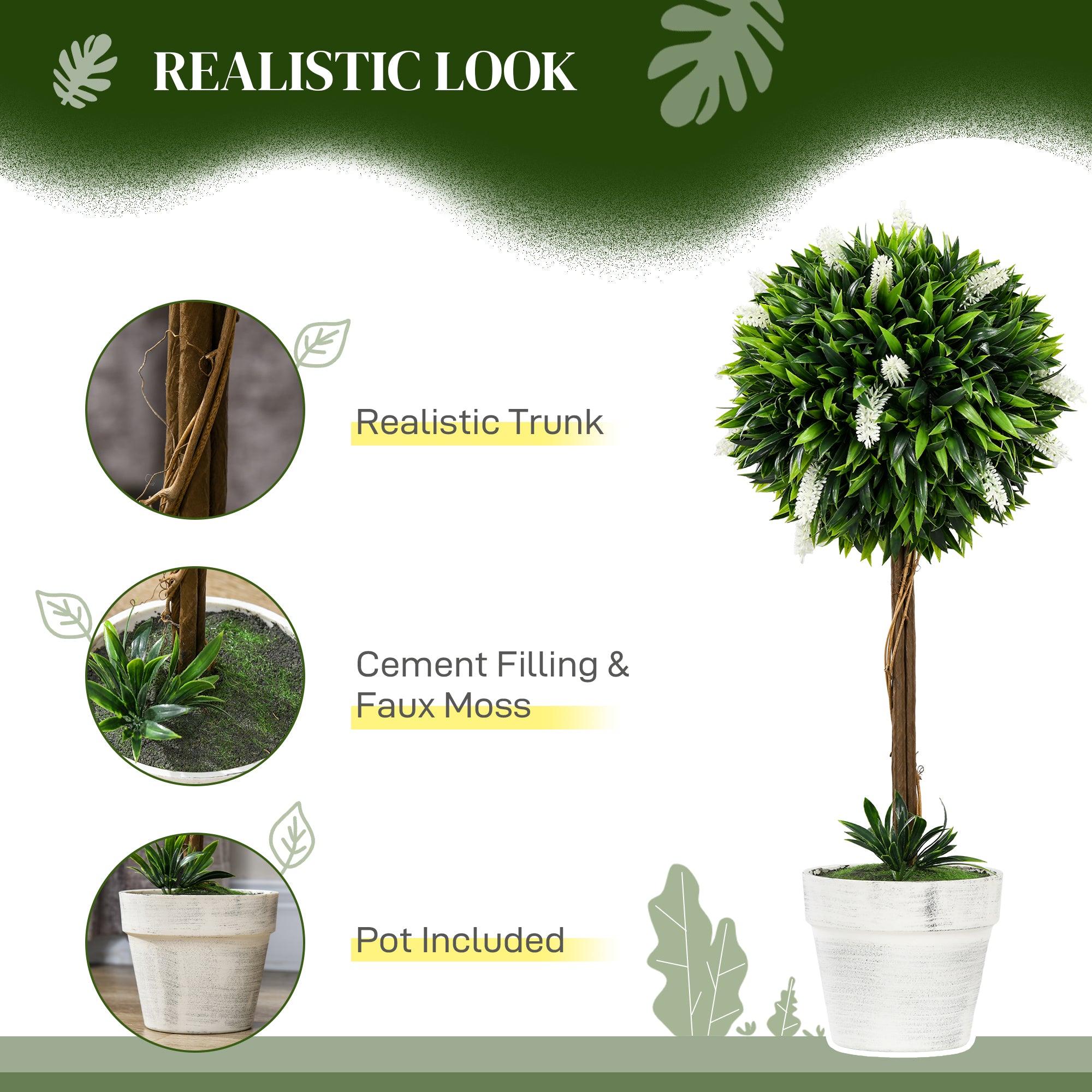 HOMCOM Set of 2 Decorative Artificial Plants Ball Trees with Lavender Flowers in Pot Fake Plants for Home Indoor Outdoor Decor, 60cm, White