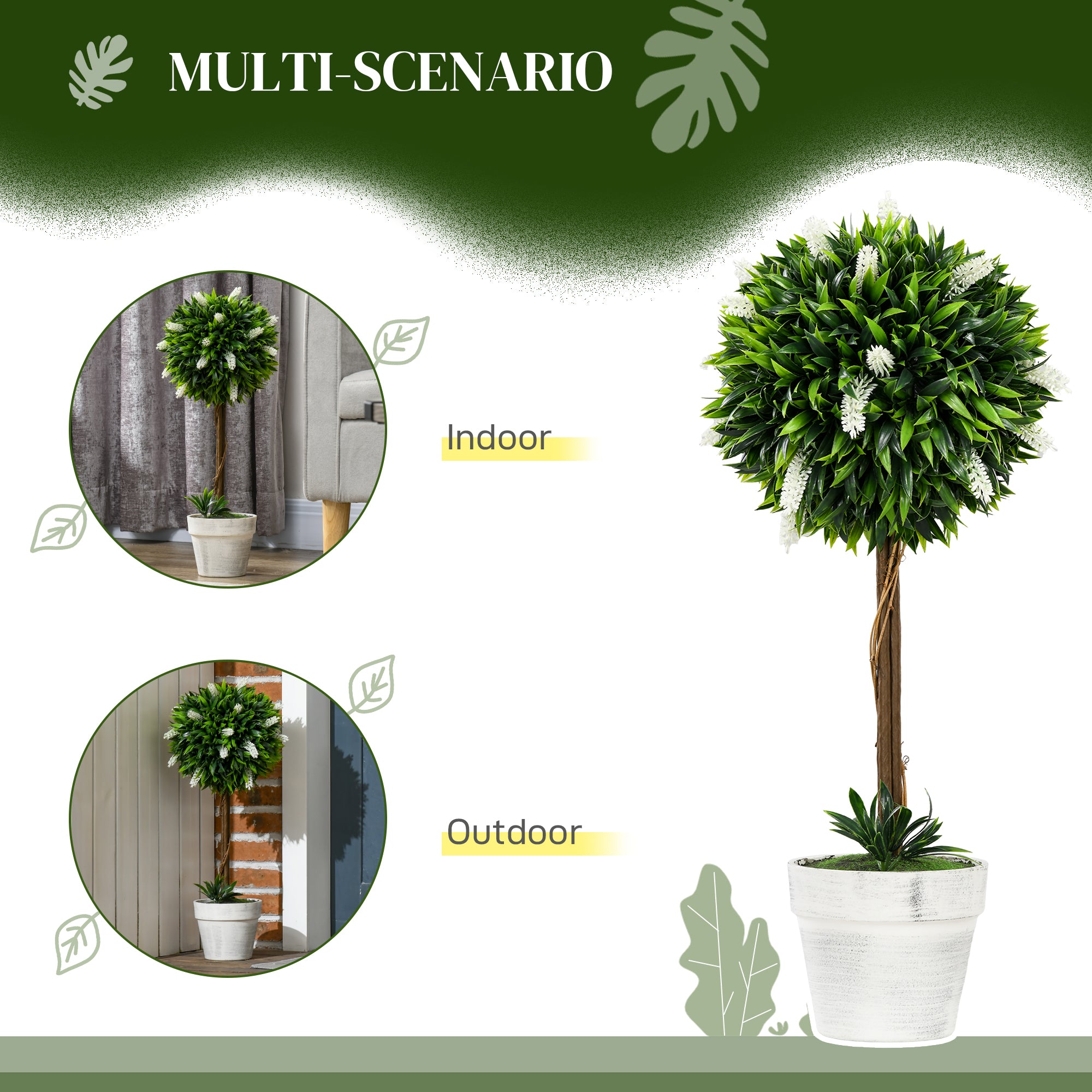 HOMCOM Set of 2 Decorative Artificial Plants Ball Trees with Lavender Flowers in Pot Fake Plants for Home Indoor Outdoor Decor, 60cm, White