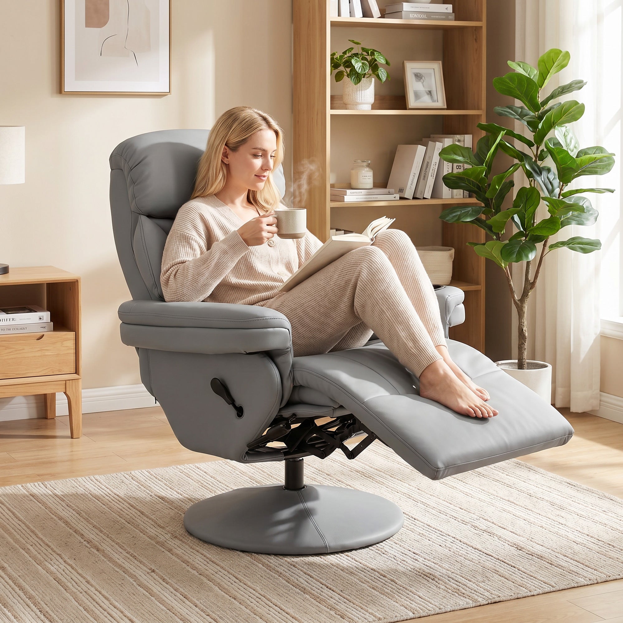 Manual Recliner Chair with Footrest, Upholstered Reclining Armchair with Adjustable Backrest and Cup Holder, PU Leather Swivel Chair for Living Room, Bedroom, Grey