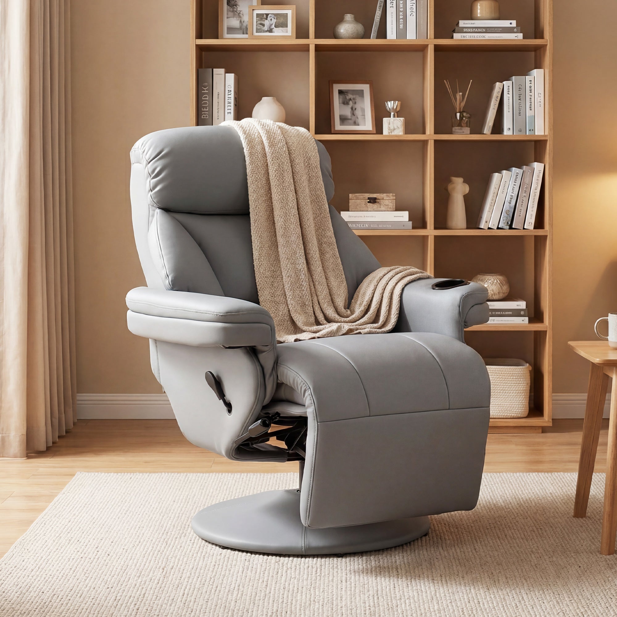 Manual Recliner Chair with Footrest, Upholstered Reclining Armchair with Adjustable Backrest and Cup Holder, PU Leather Swivel Chair for Living Room, Bedroom, Grey