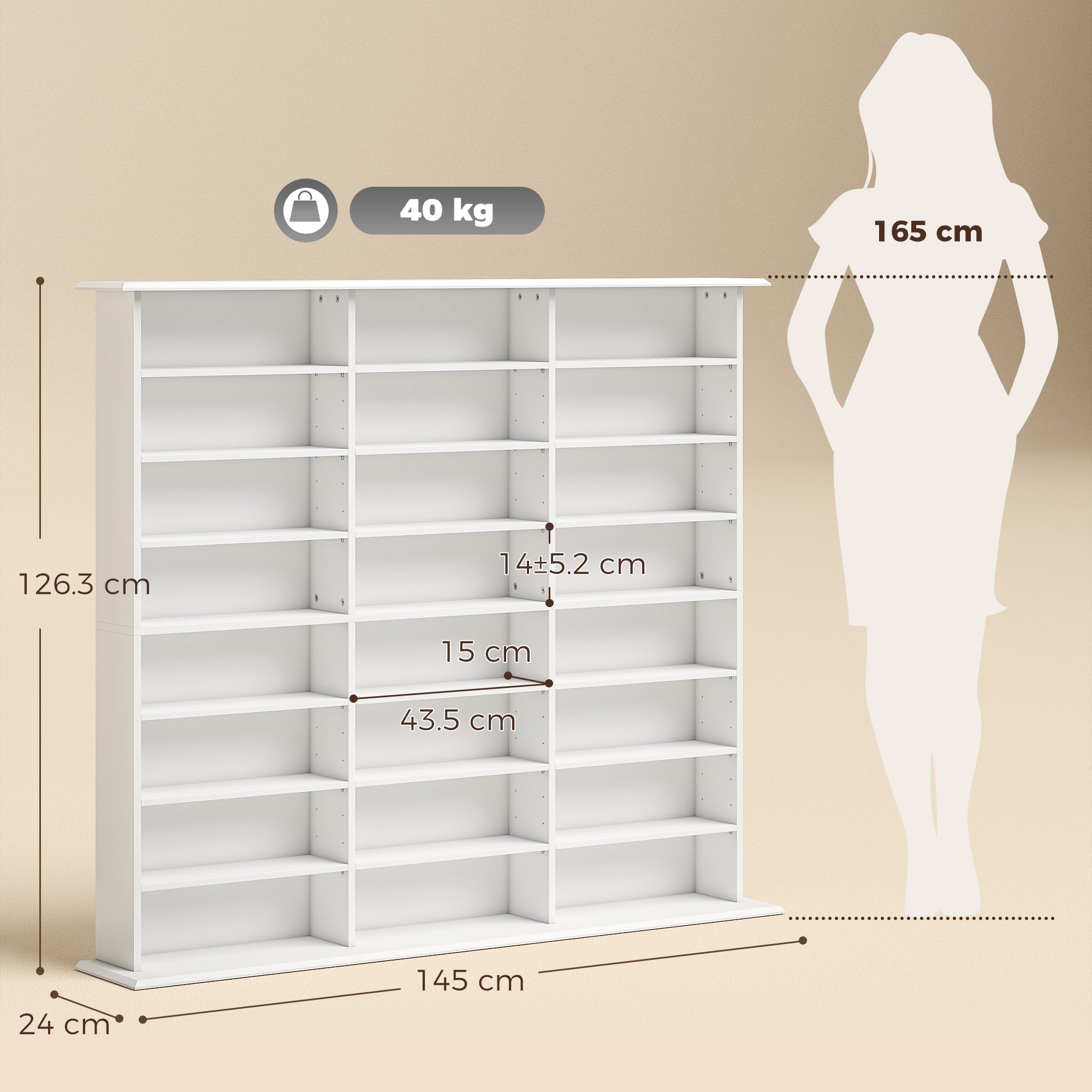1032 CD/594 DVD Storage Unit, Blu-ray Media Storage Shelf with 24 Compartments and 18 Adjustable Shelves, CD Tower for Living Room, Bedroom, Office, White