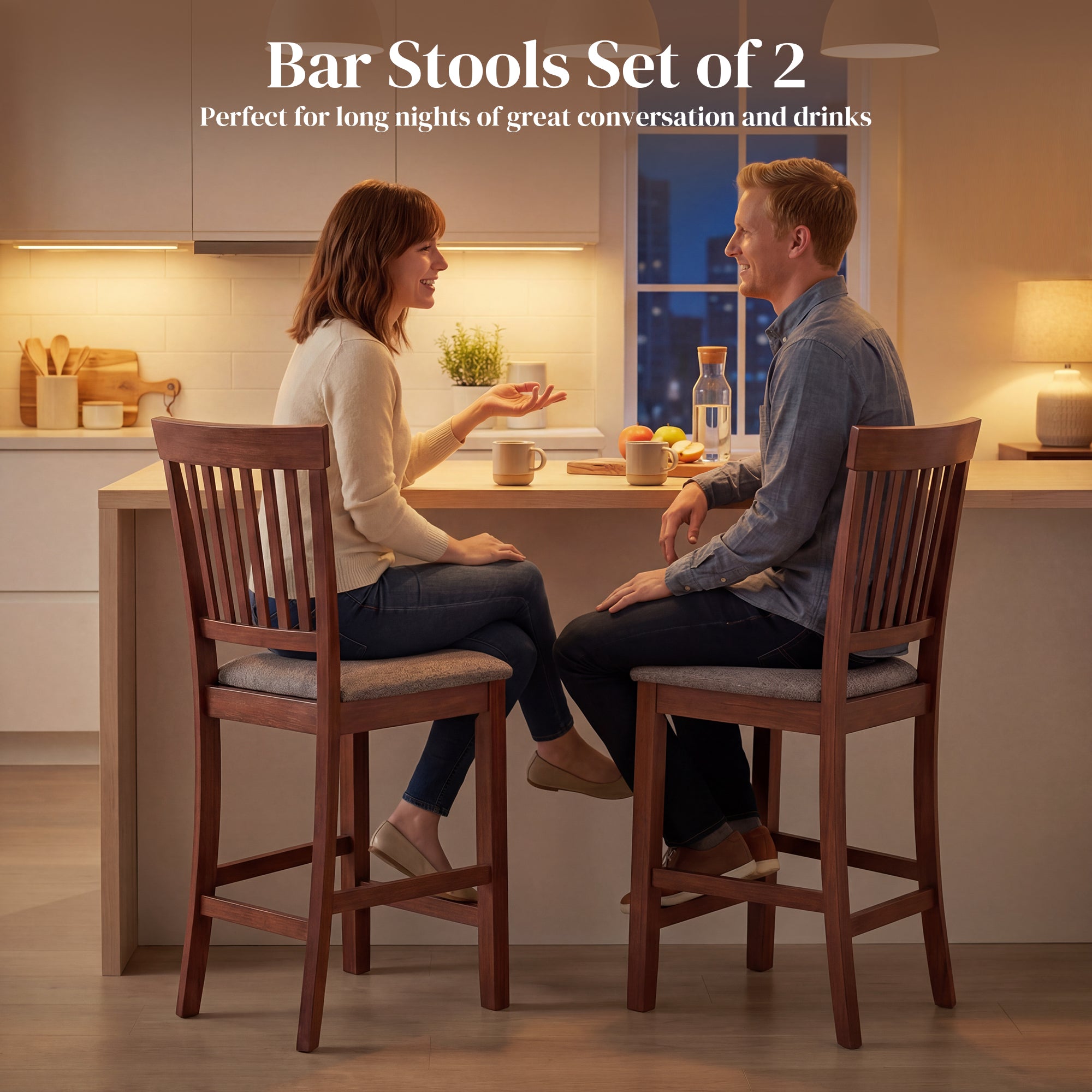 Bar Stools Set of 2, Modern Upholstered Barstools with High Back and Rubberwood Legs, Counter Height Kitchen Chairs for Kitchen Island Dining Room Home Bar, Gray and Dark Brown