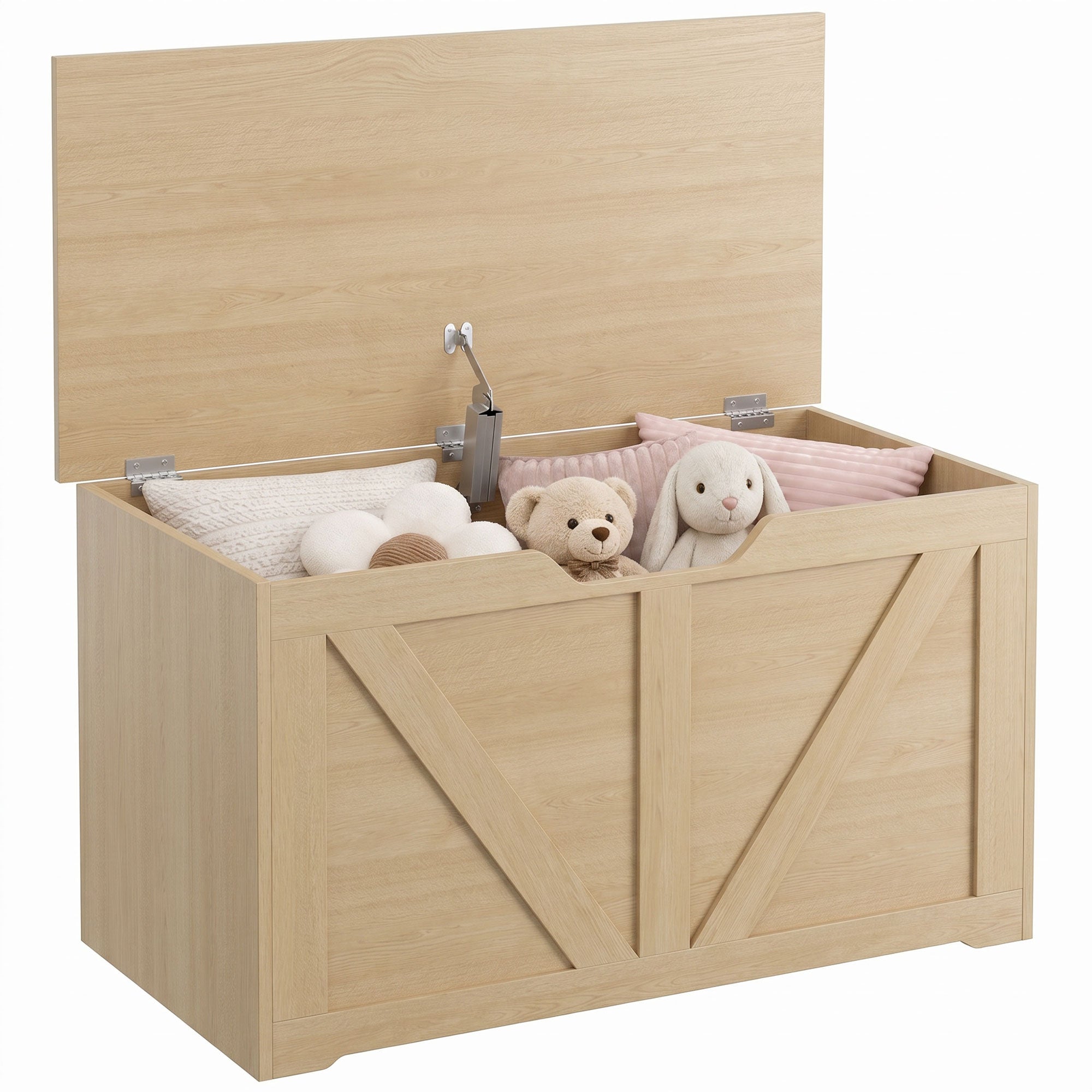 100L Storage Chest, Shoe Storage Trunk Bench Box with Safety Hinge and U-shaped Cut-out Pull, Blanket Box Ottoman for Bedroom, Living Room, Entryway, 80 x 40 x 45 cm, Nature Wood Finish