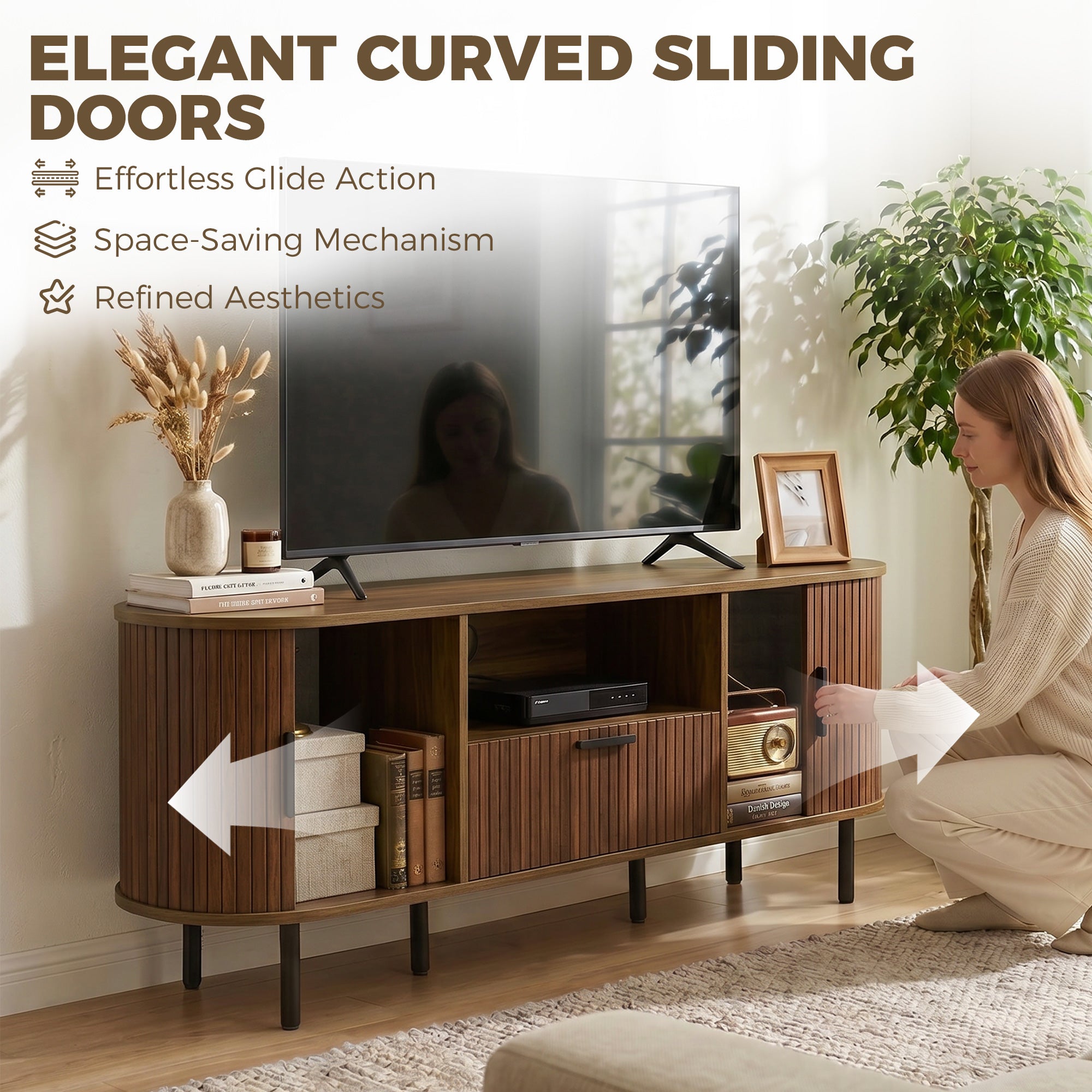 TV Stand for TVs up to 60", Modern Entertainment Center with Curved Sliding Doors, Media Console with Drawer, Cabinet and Shelf, Brown