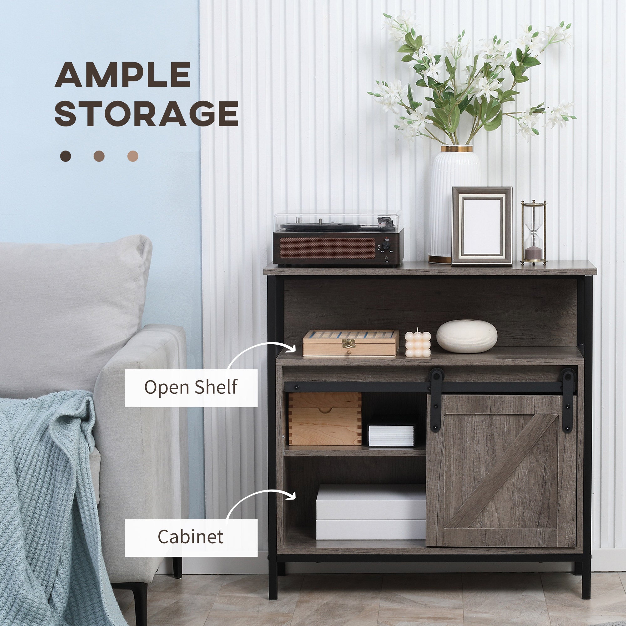Sideboard Buffet Cabinet with Sliding Barn Door and Adjustable Shelf, Gray