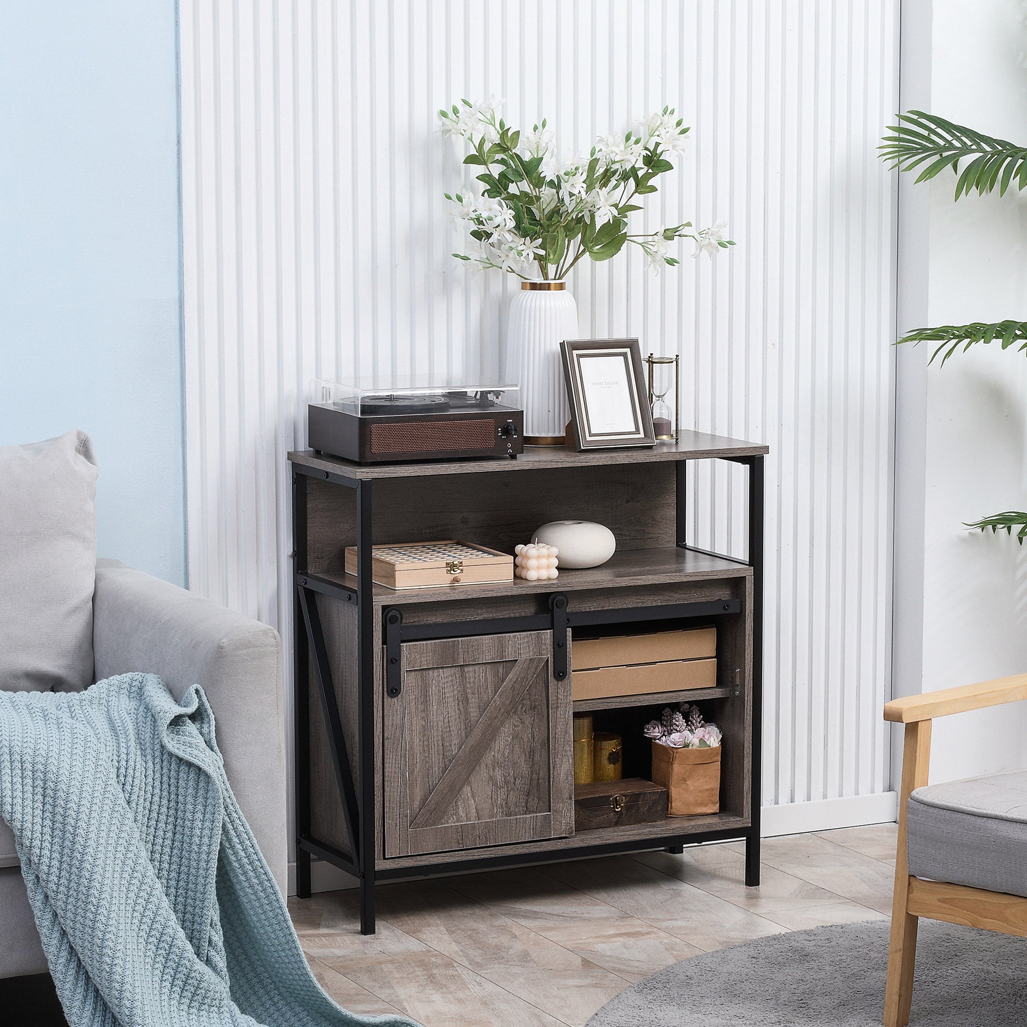 Sideboard Buffet Cabinet with Sliding Barn Door and Adjustable Shelf, Gray