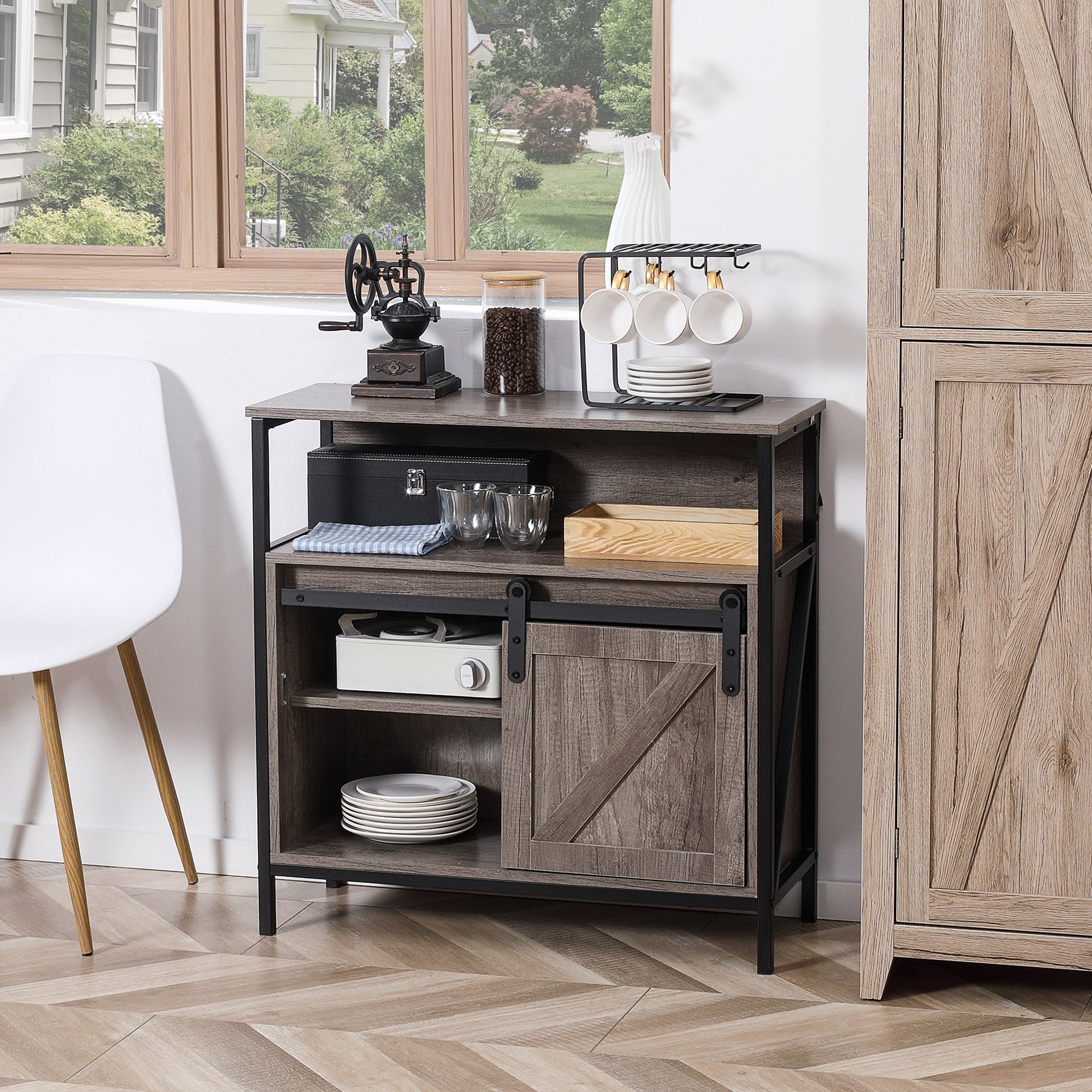 Sideboard Buffet Cabinet with Sliding Barn Door and Adjustable Shelf, Gray