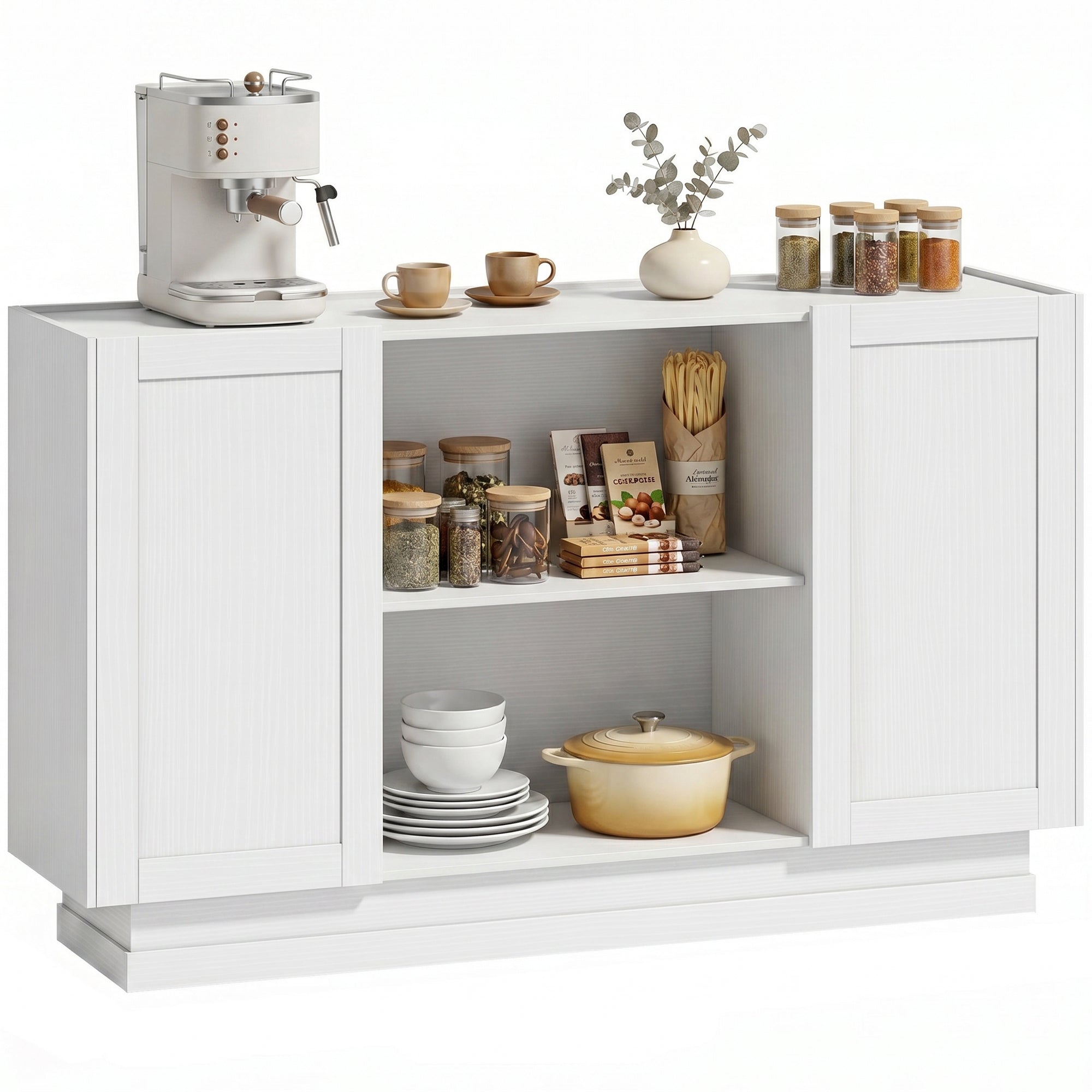 Sideboard Buffet Cabinet, 133 cm Modern Farmhouse Storage Cabinet with 2 Open Shelves, 2 Cupboards and Soft Close Doors for Dining Room, Living Room, White