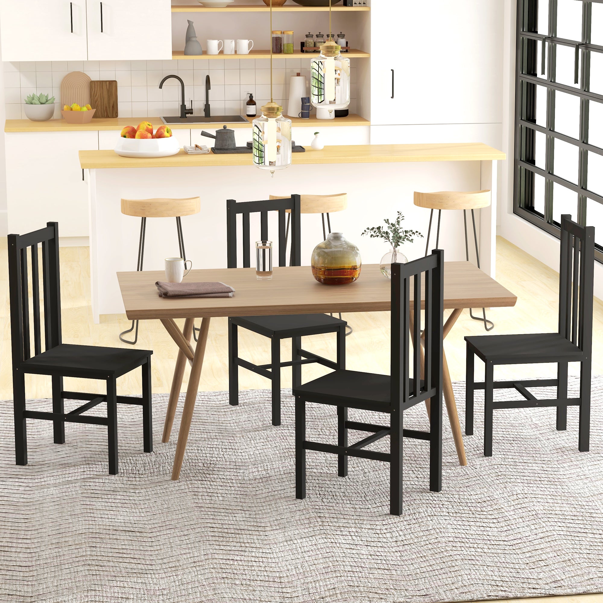 Farmhouse Dining Table Chairs, Set of 4 Pine Wood Kitchen Chairs w/ Slat Back, Black
