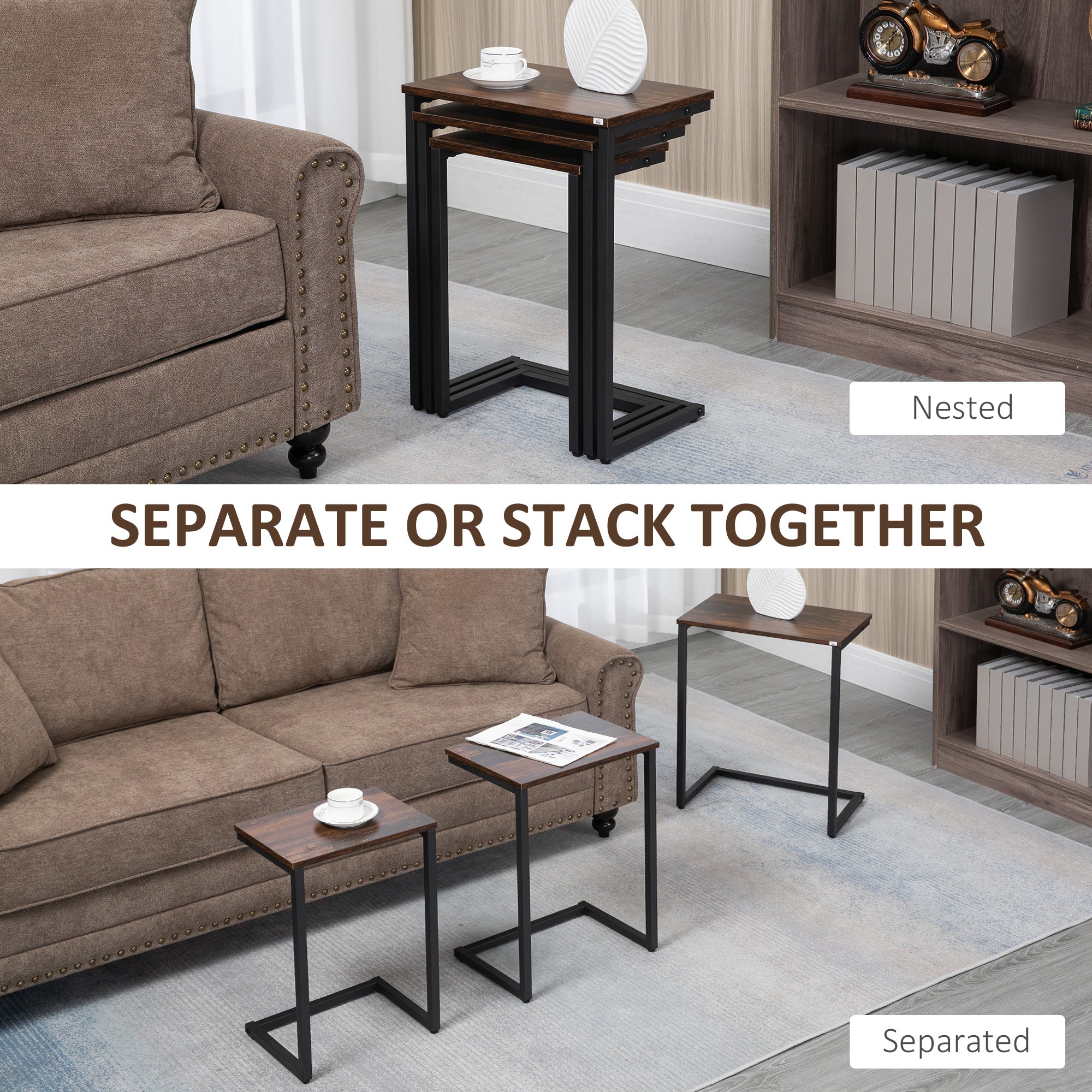 HOMCOM Nesting Side Tables Set of 3, C-Shaped Sofa Side Tables with Steel Frame for Sofa Couch and Bed, Rustic Brown