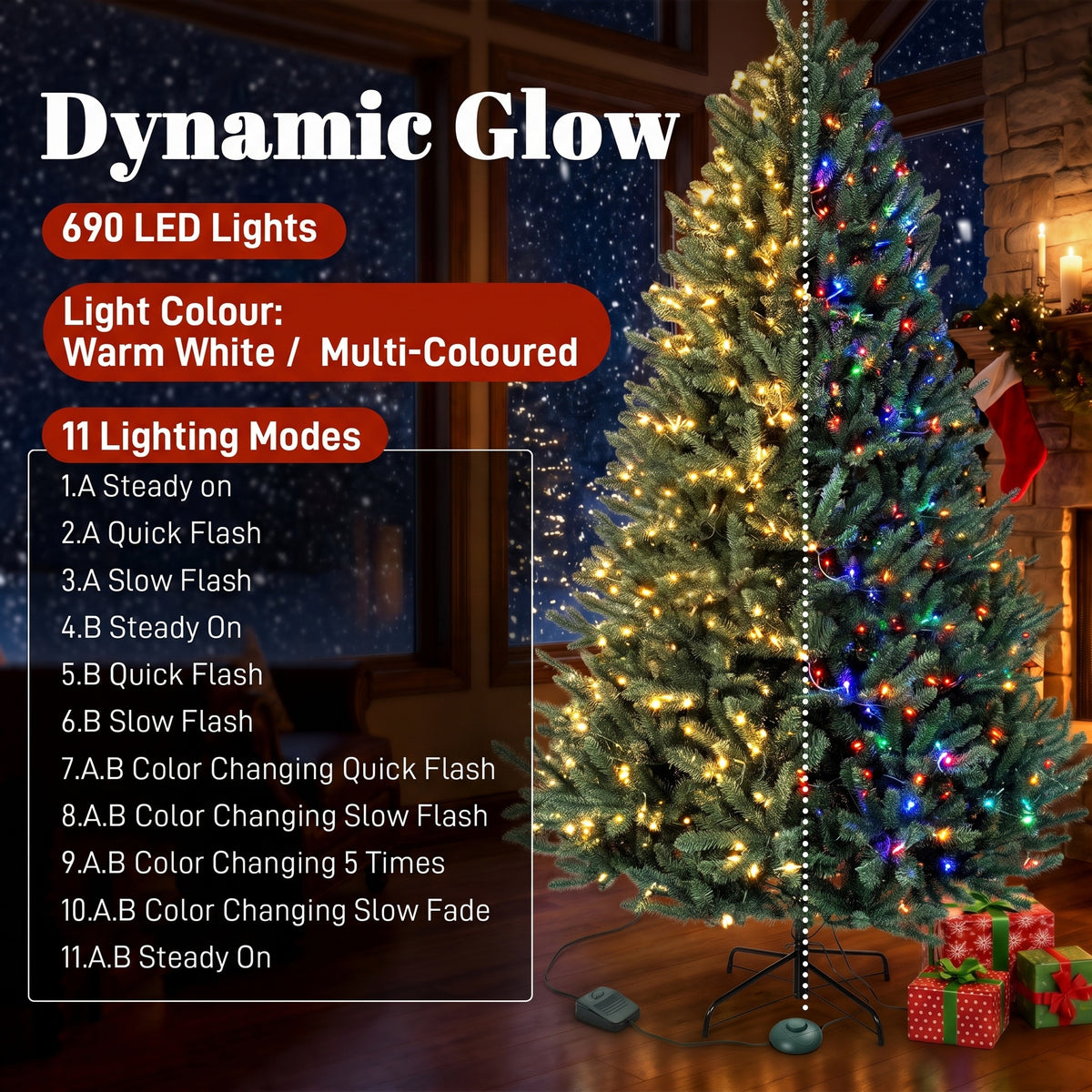 7.5ft Prelit Christmas Tree with Colourful DIY LEDs, Frasier Grande Fir, Hinged Xmas Tree with Remote, 12 Modes, Daily Timer, Dense Tips, Adjustable Brightness