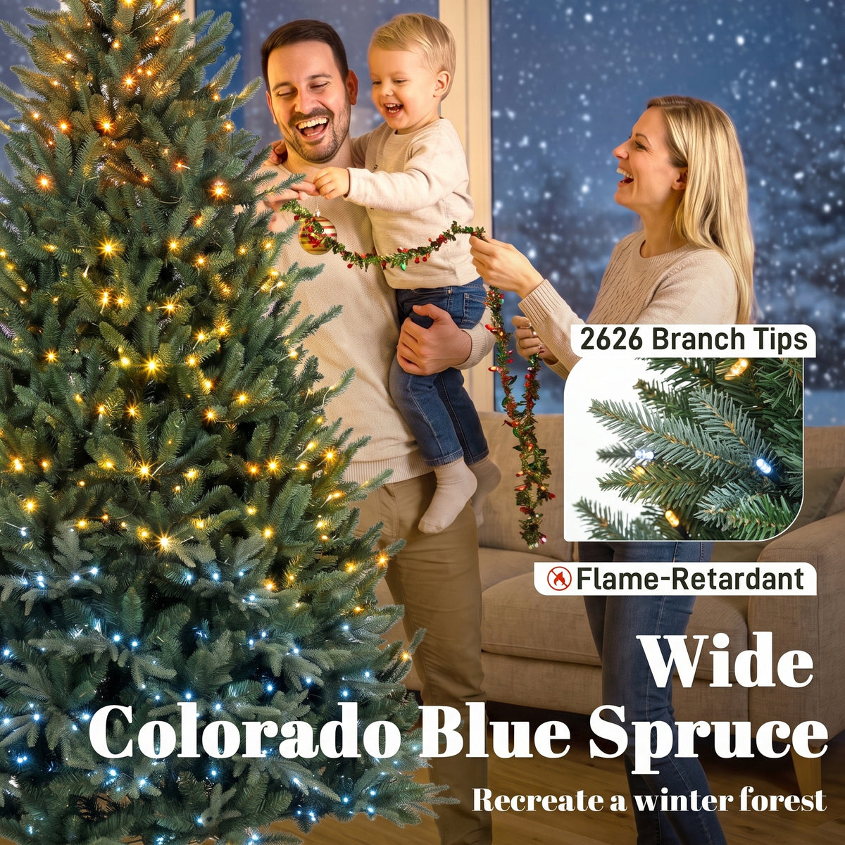 7.5ft Prelit Christmas Tree with Colourful DIY LEDs, Frasier Grande Fir, Hinged Xmas Tree with Remote, 12 Modes, Daily Timer, Dense Tips, Adjustable Brightness