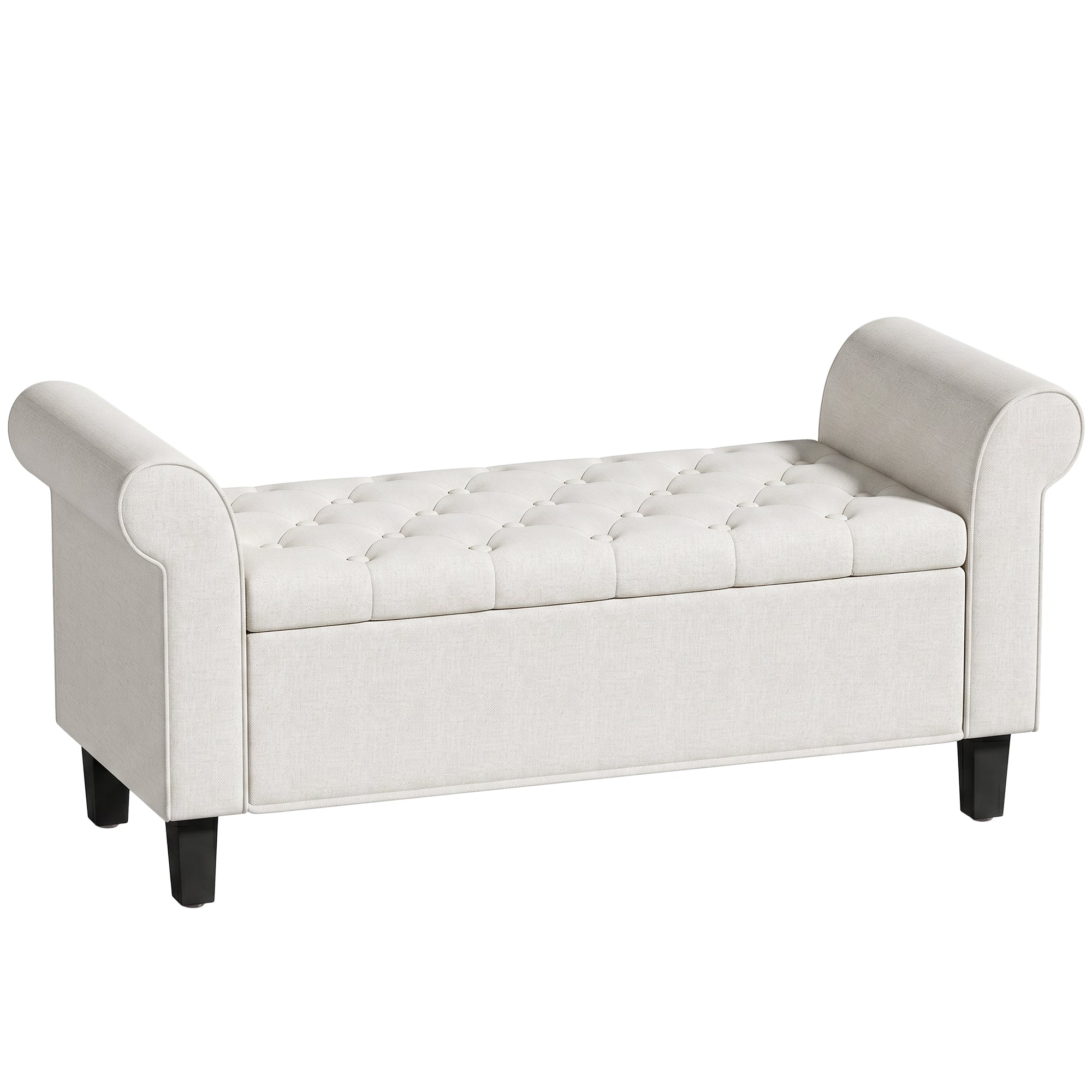 47" Storage Ottoman Bench, Tufted Long Ottoman with Storage Chest, Rolled Arms, Safety Hinge, Wooden Legs, Upholstered End of Bed Bench, 528 lbs for Bedroom, Entryway, Living Room, Cream White