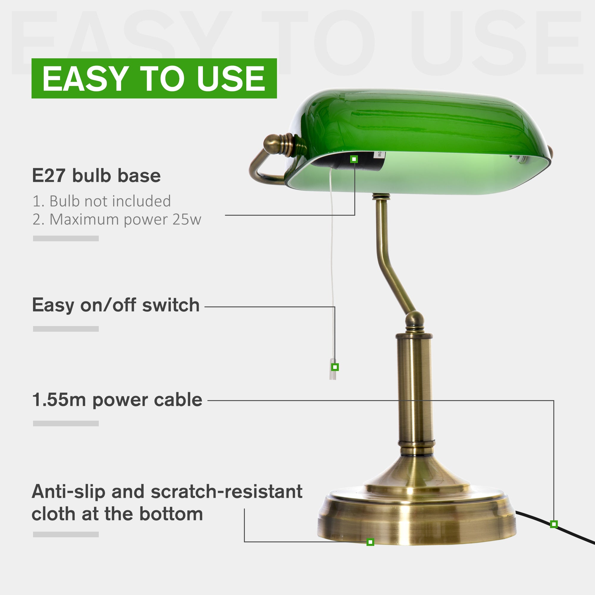 HOMCOM Banker's Table Lamp Desk Lamp with Antique Bronze Tone Base, Green Glass Shade and Pull Rope Switch for Home Office, Living Room, Bedroom, Dining Room, Green