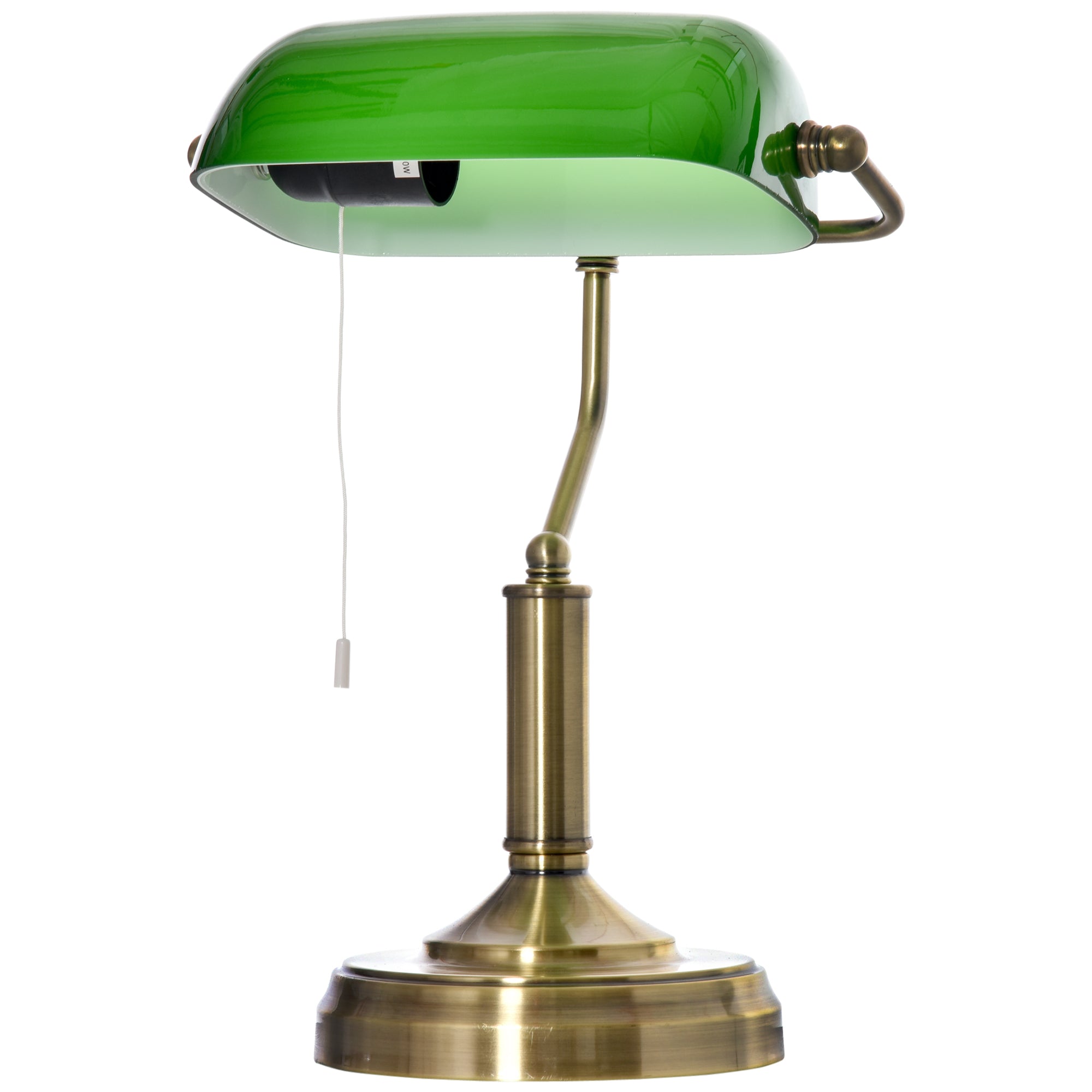 HOMCOM Banker's Table Lamp Desk Lamp with Antique Bronze Tone Base, Green Glass Shade and Pull Rope Switch for Home Office, Living Room, Bedroom, Dining Room, Green