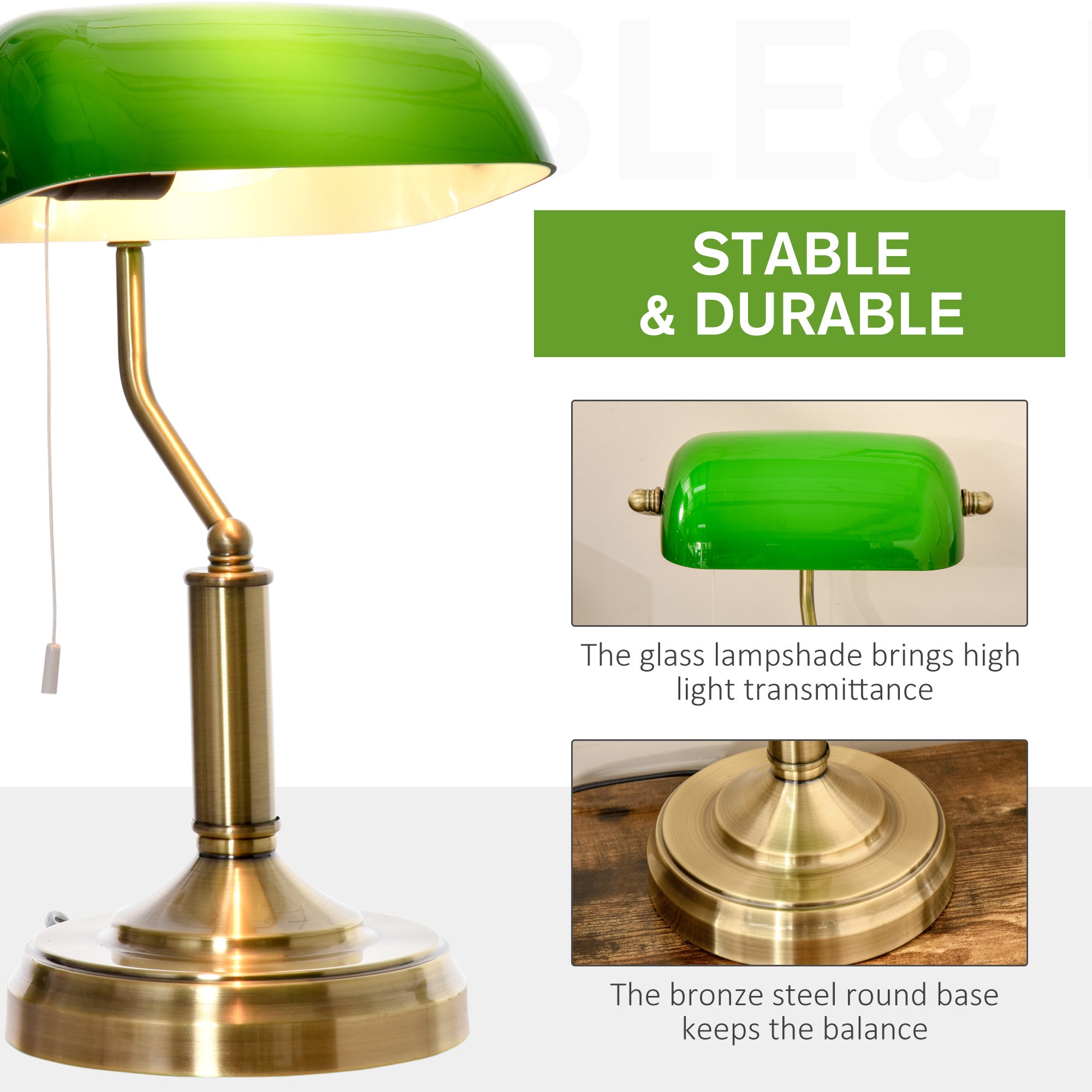 HOMCOM Banker's Table Lamp Desk Lamp with Antique Bronze Tone Base, Green Glass Shade and Pull Rope Switch for Home Office, Living Room, Bedroom, Dining Room, Green
