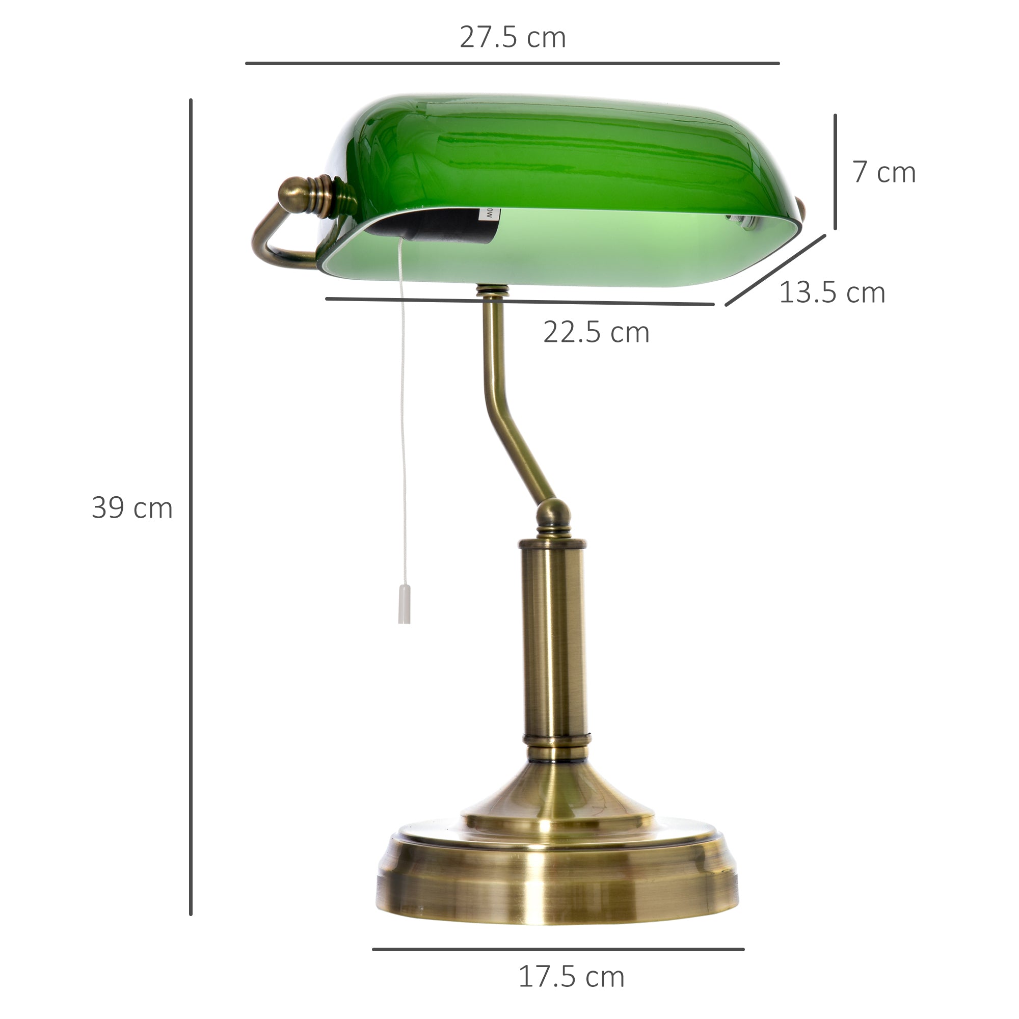 HOMCOM Banker's Table Lamp Desk Lamp with Antique Bronze Tone Base, Green Glass Shade and Pull Rope Switch for Home Office, Living Room, Bedroom, Dining Room, Green