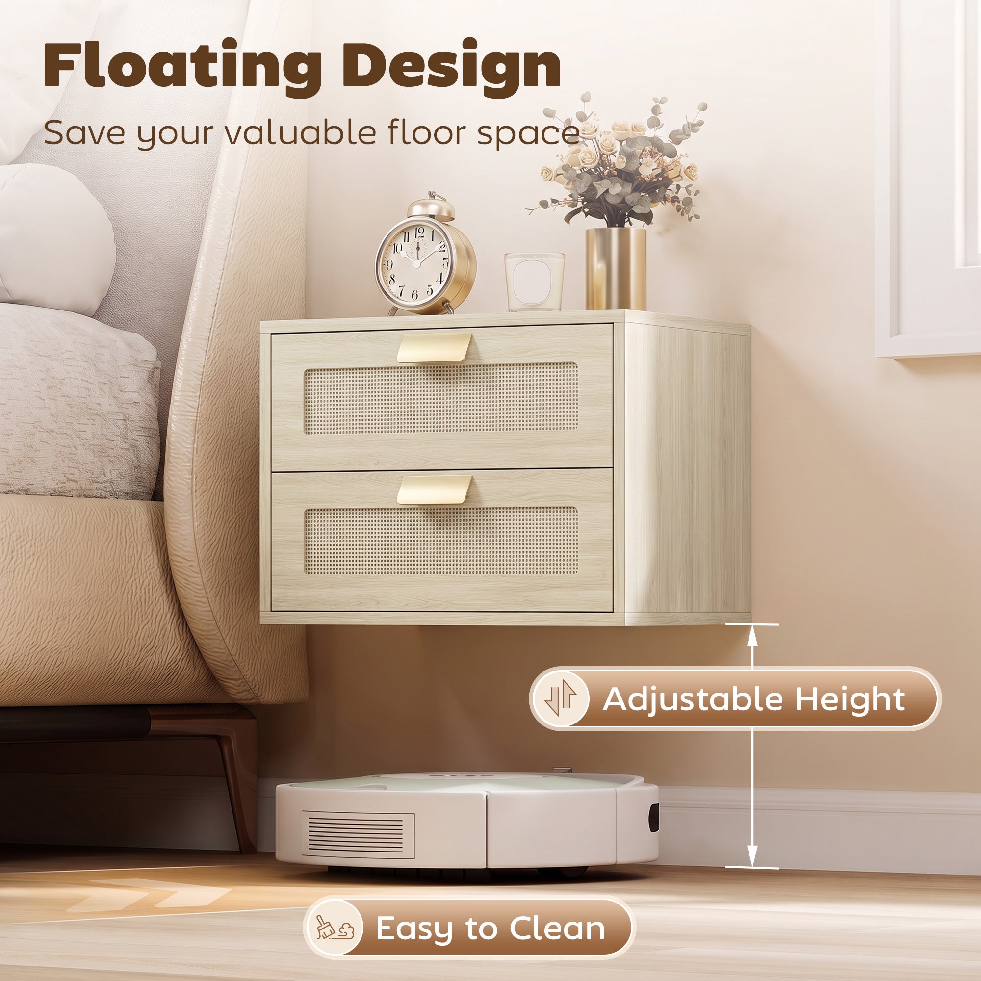 Modern Floating Nightstands Set of 2, Wall Mounted Bedside Tables with 2 Drawers, Bedside Cabinet for Bedroom Living Room, Oak