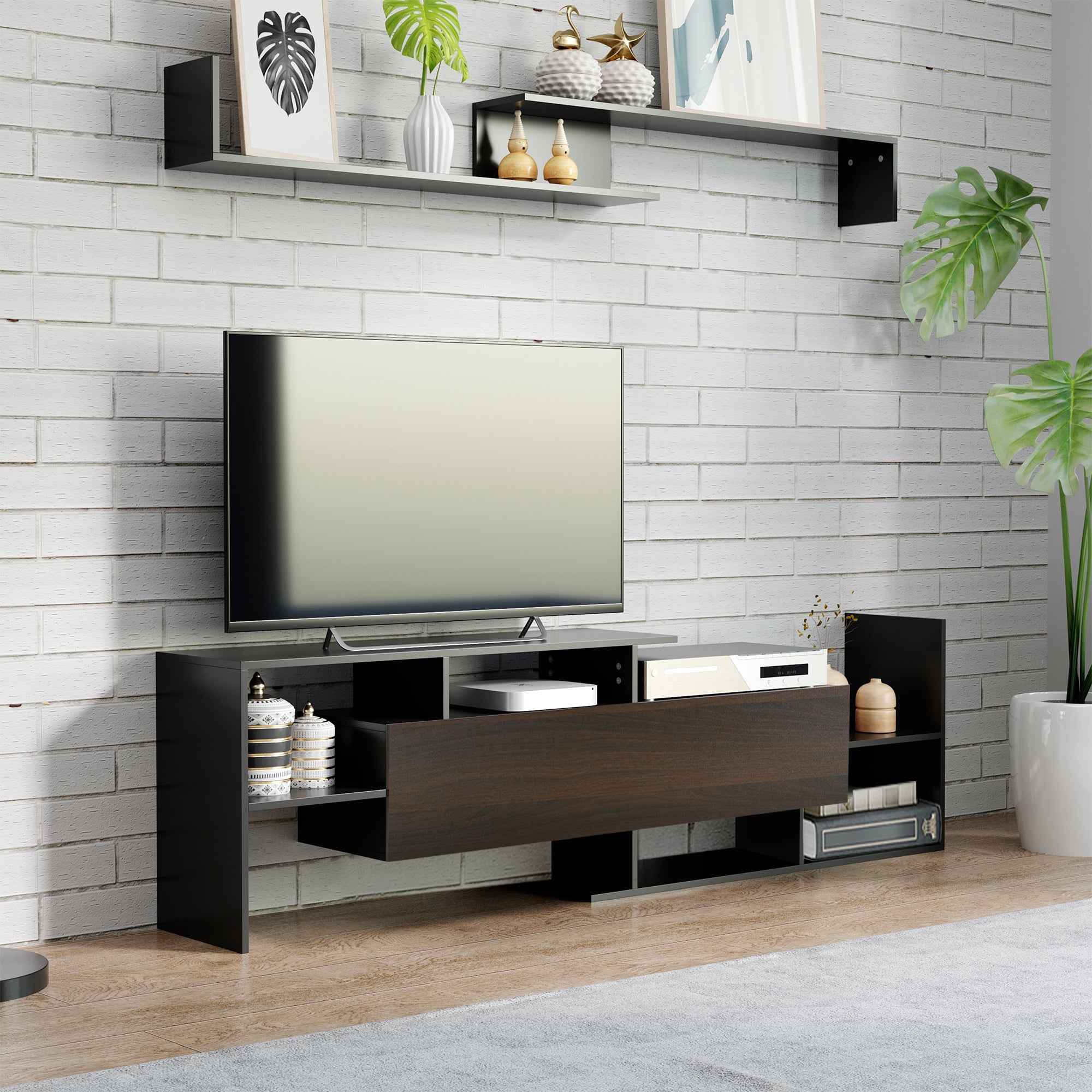 HOMCOM Modern TV Cabinet with Wall Shelf, TV Unit with Storage Shelf and Cabinet, for Wall-Mounted 65" TVs or Standing 40" TVs, Black and Dark Brown