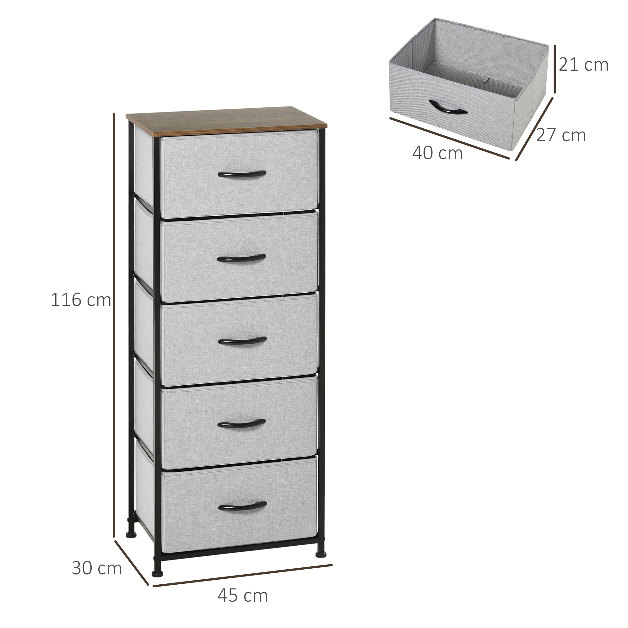 Fabric Chest of Drawers, Industrial Bedroom Dresser with 5 Fabric Drawers, Steel Frame and Wooden Top for Nursery, Living Room, Hallway, Grey