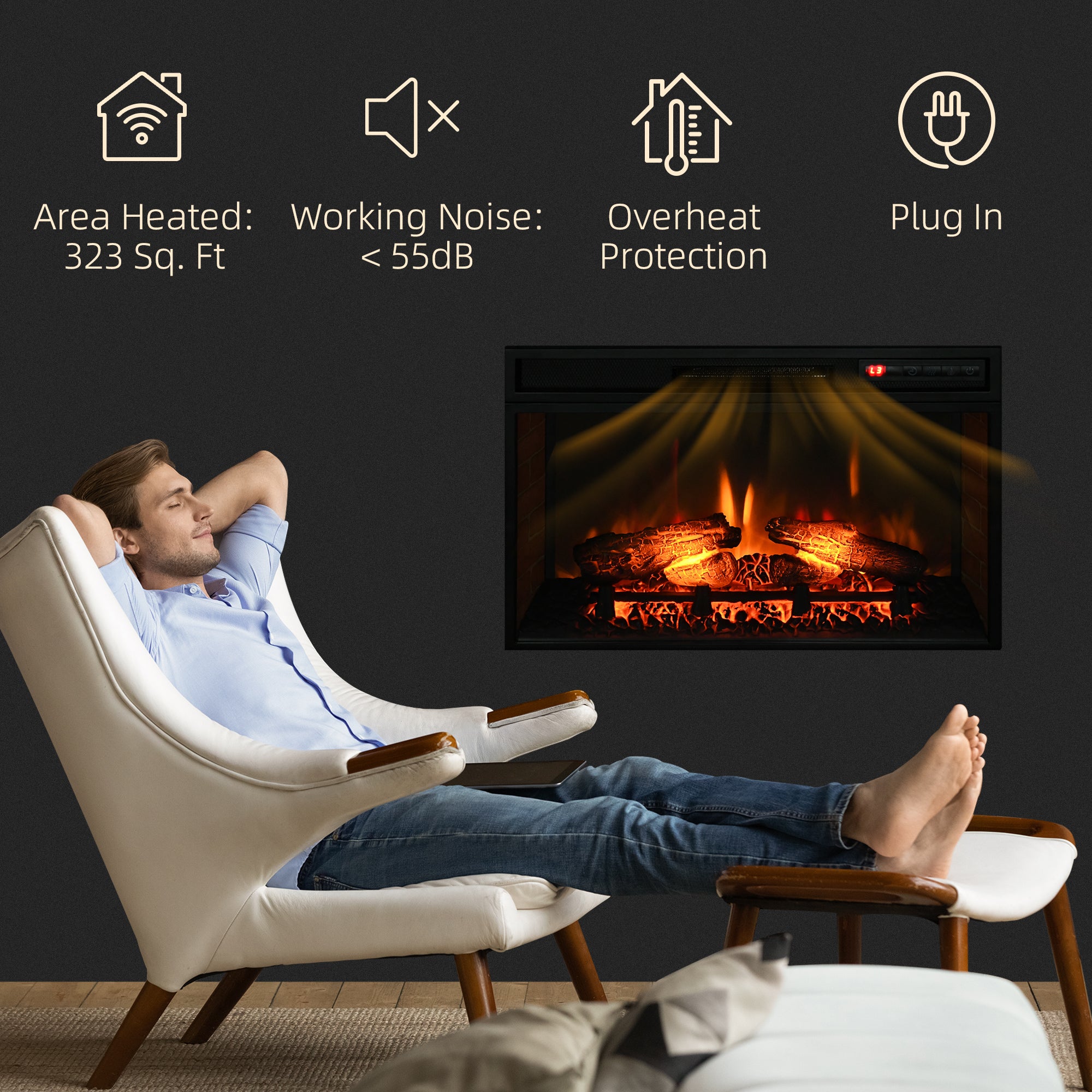 27" Electric Fireplace Insert, Retro Recessed Fireplace Heater with Realistic Log Flame, Remote Control, and Adjustable Brightness, 1400W, Black