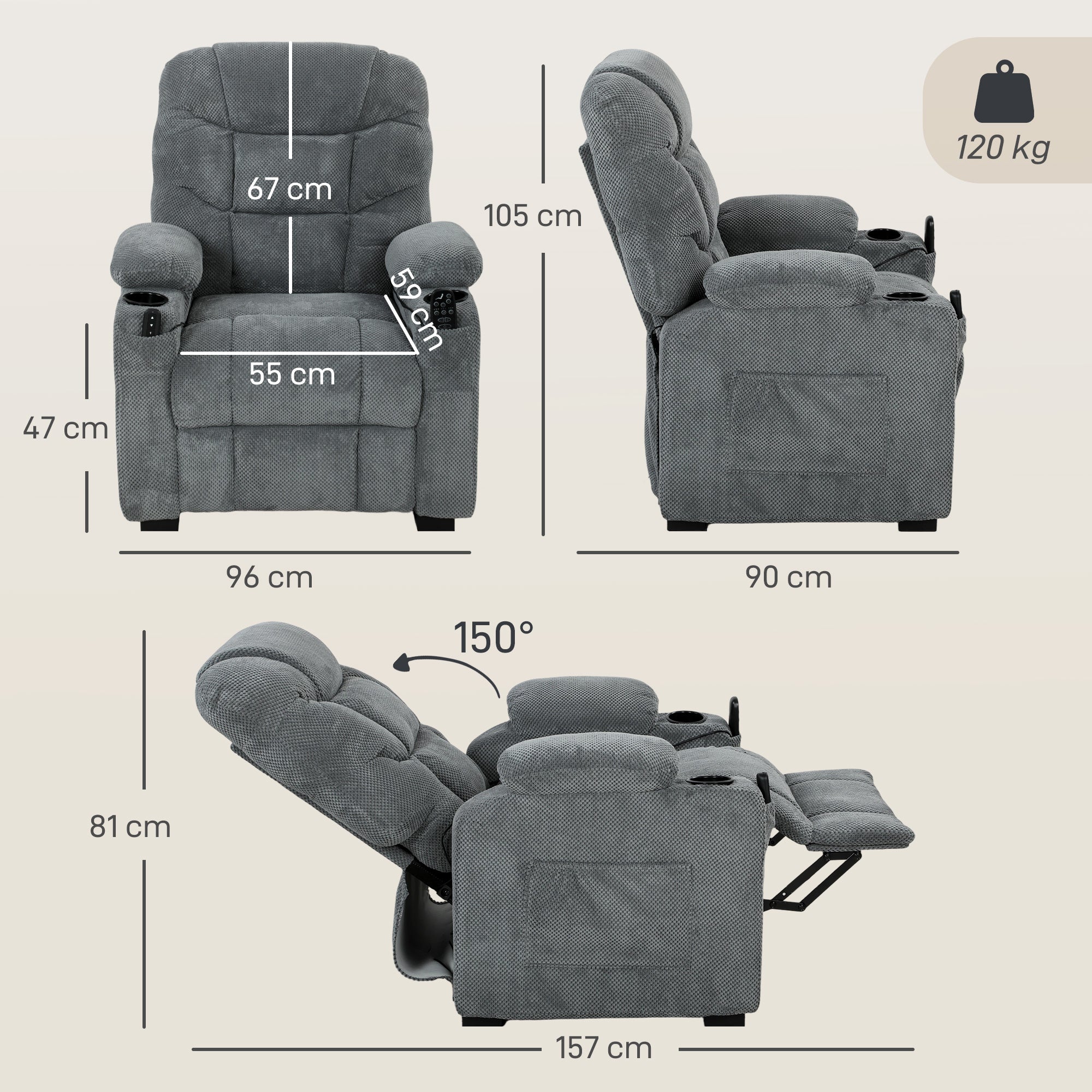 Recliner Armchair with Vibration Massage, Heat, Whisper-Quiet Motor, Memory Function, Fleece Power Reclining Chair with Spring Pack, USB Port, Footrest, Side Pockets, Cup Holders, Dark Grey